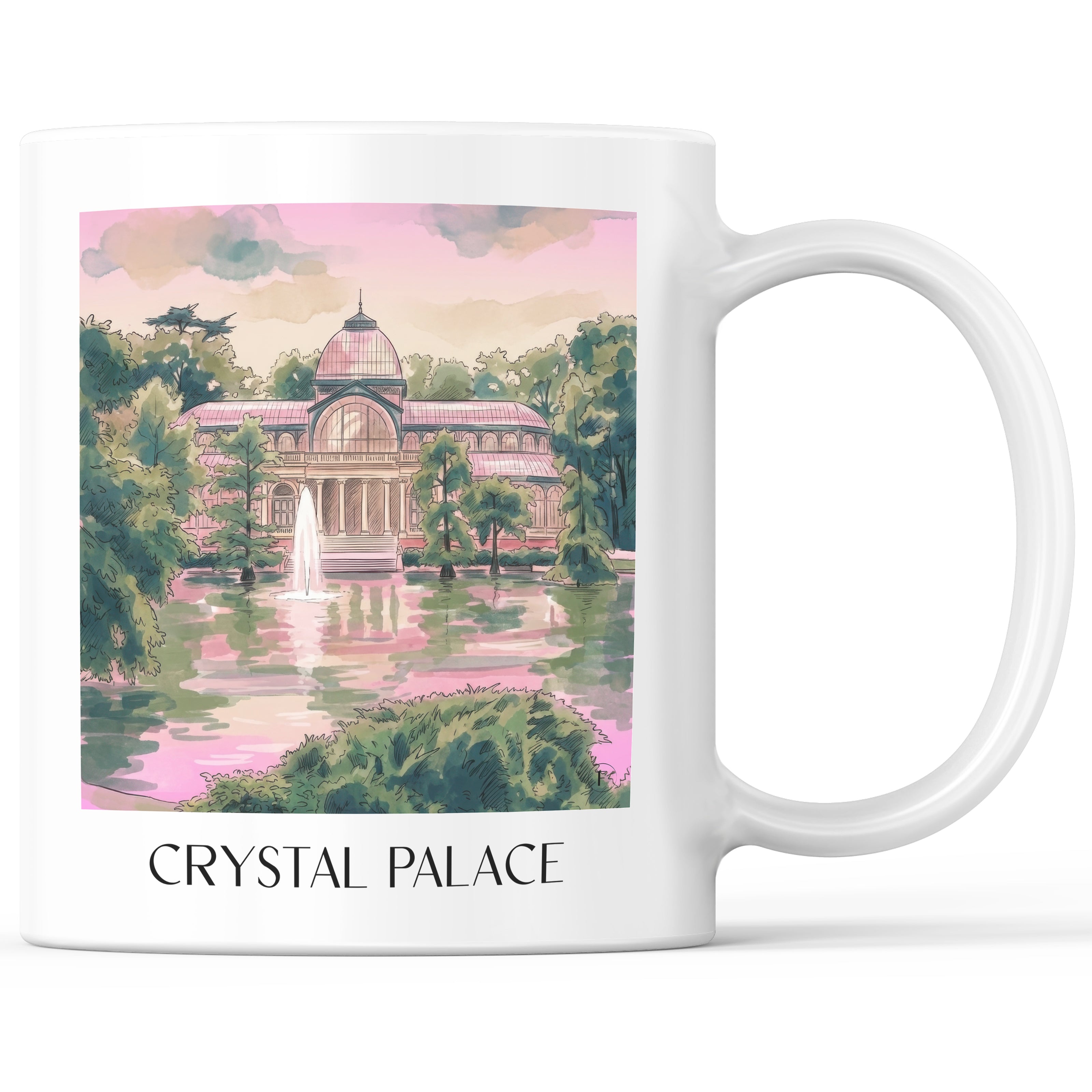 Palacio de Cristal Kaffeebecher - Madrid - Spanien Becher - Kaffeetasse im Aquarell Pink Stil - favplace
