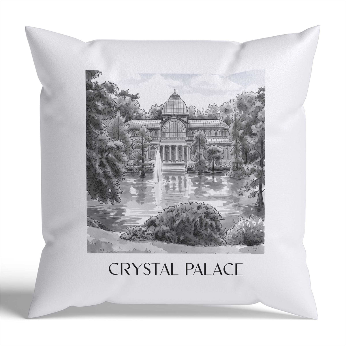 Palacio de Cristal Kissenhülle - Zierkissen Bezug - Madrid - Spanien Kissen bzw. Kissenbezug im Aquarell Schwarz-Weiß Stil - favplace