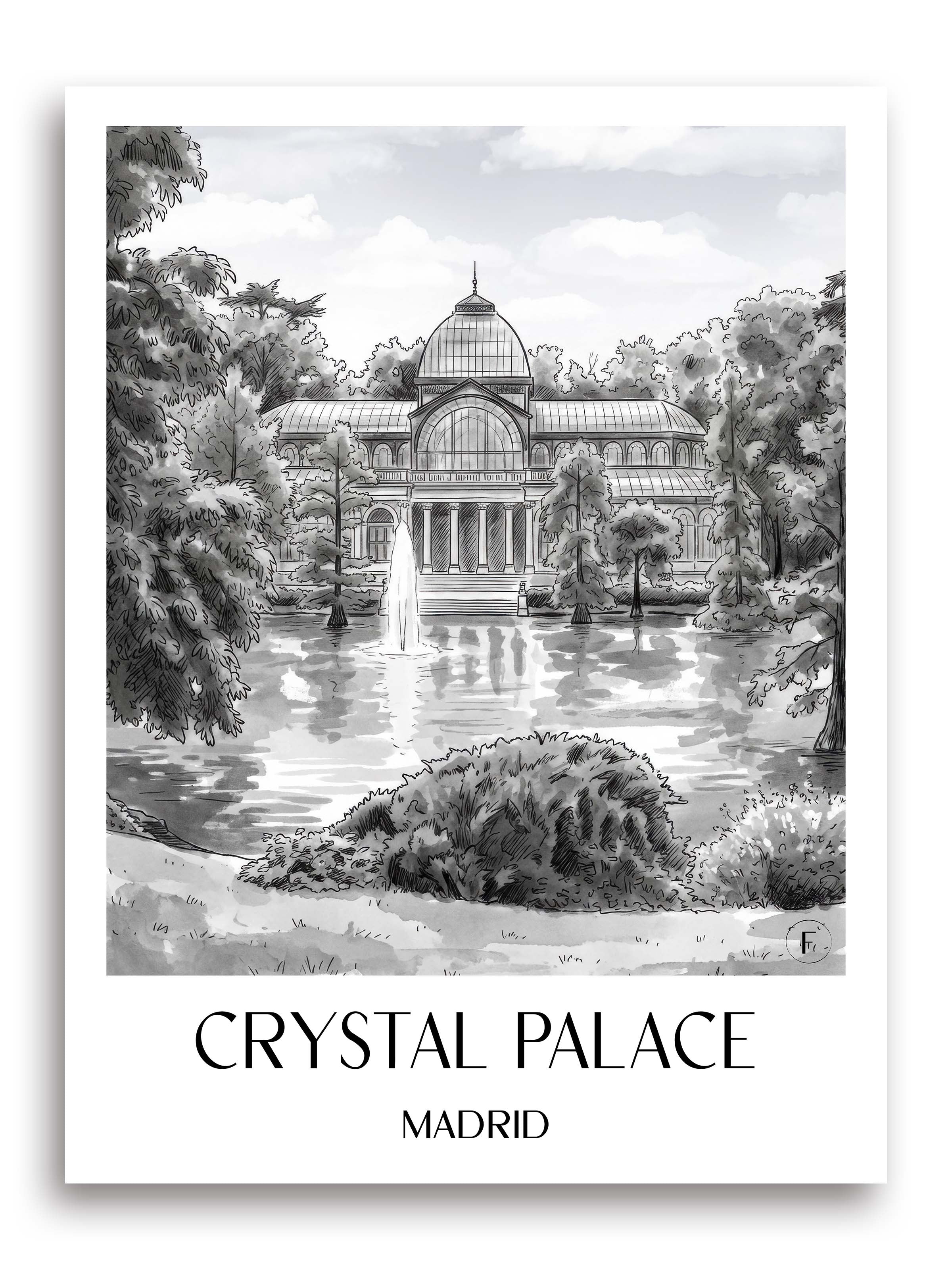 Palacio de Cristal Poster - Madrid - Spanien Kunstdruck - Aquarell Schwarz-Weiß von A4 bis A1 - favplace