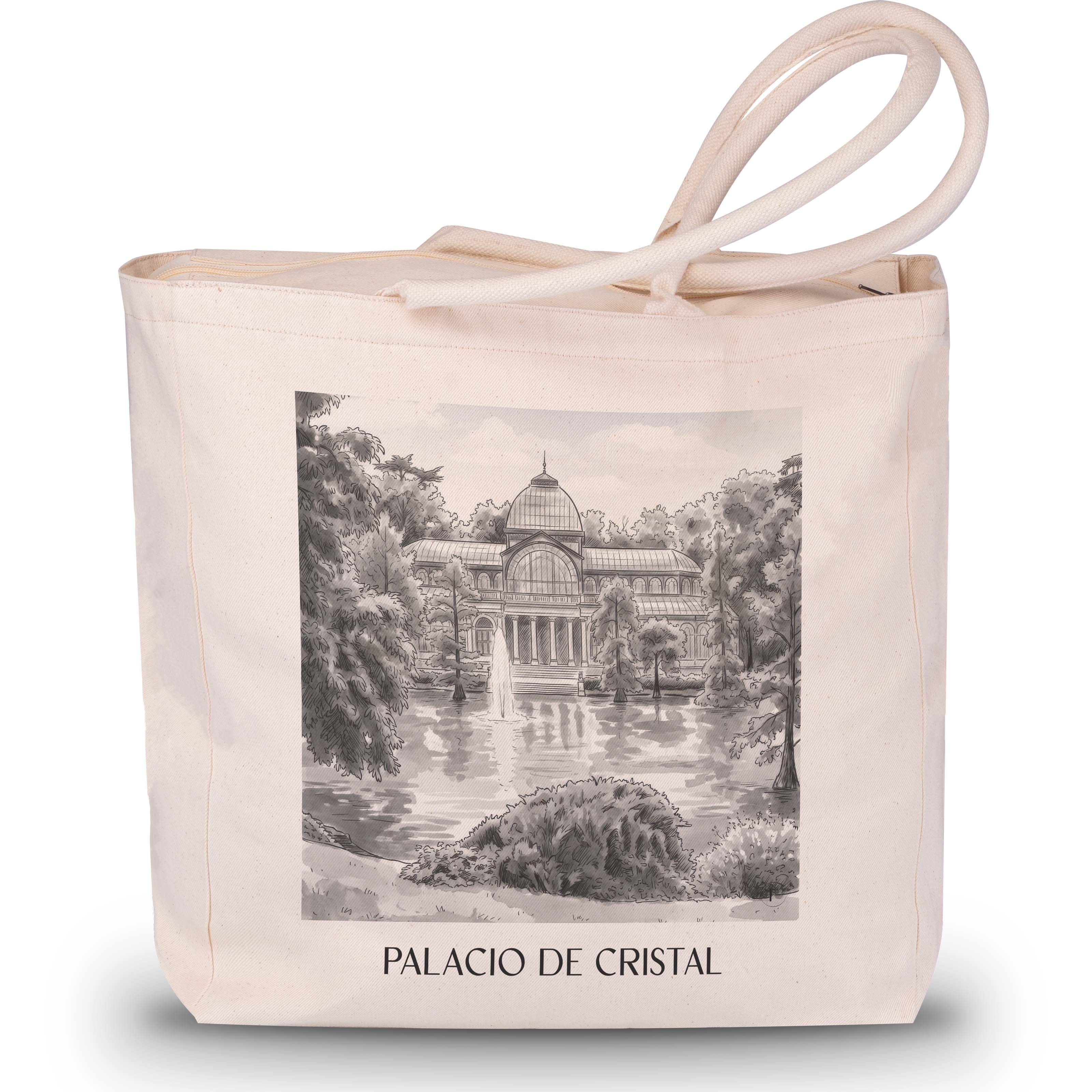 palacio-de-cristal-madrid-spanien-einkaufstasche-aquarell-schwarz-weiss