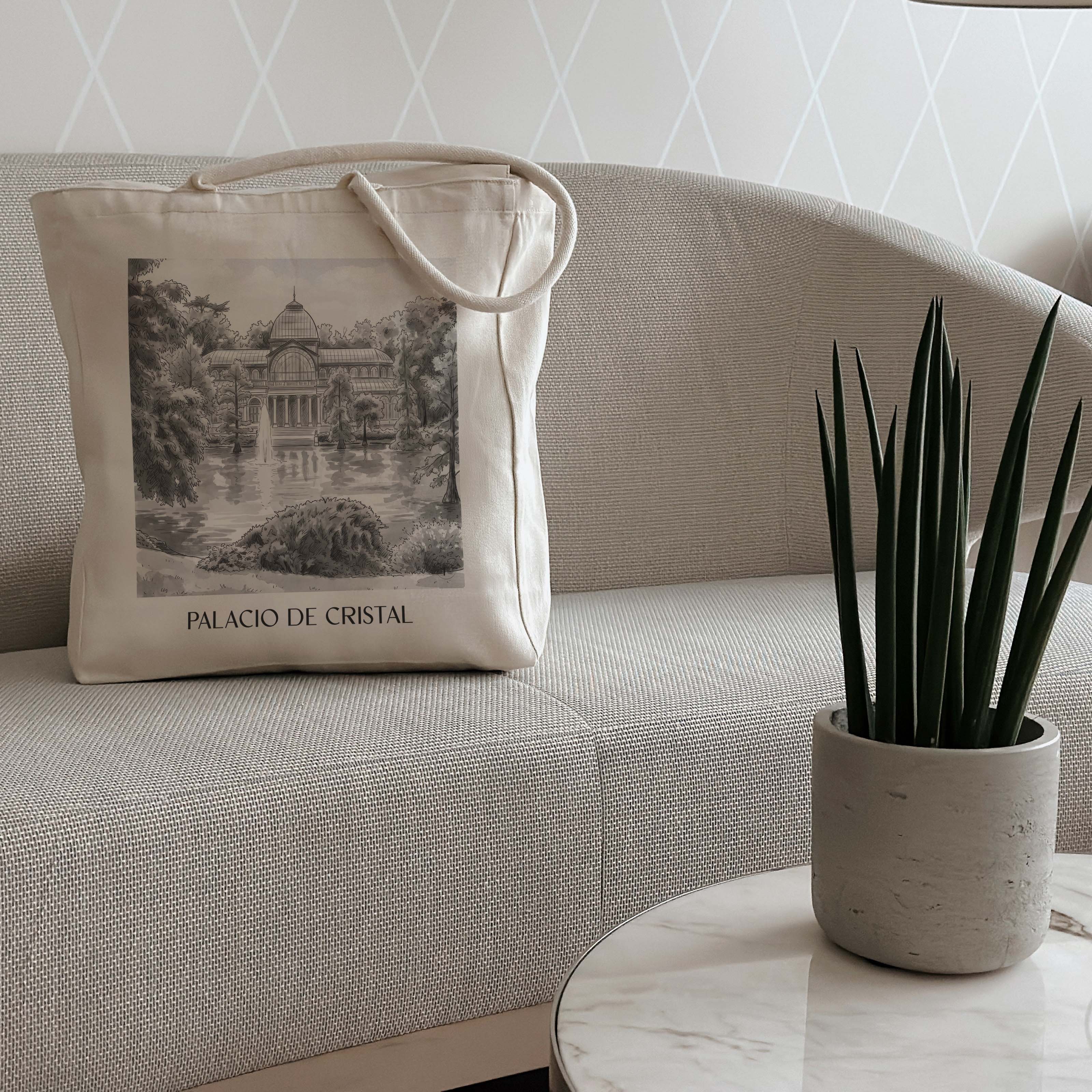 palacio-de-cristal-madrid-spanien-einkaufstasche-aquarell-schwarz-weiss