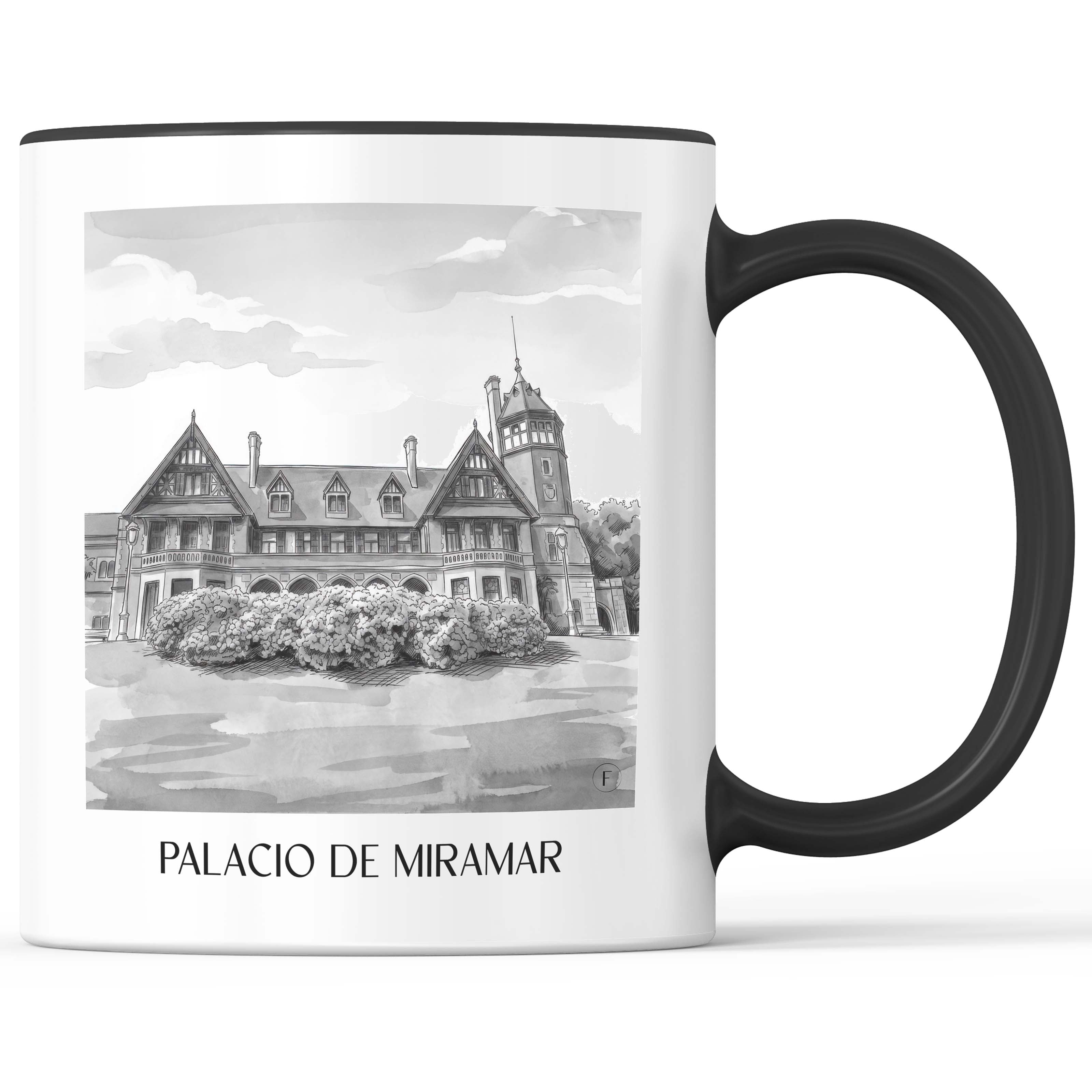 palacio-de-miramar-san-sebastián-spanien-kaffeebecher-aquarell-schwarz-weiss