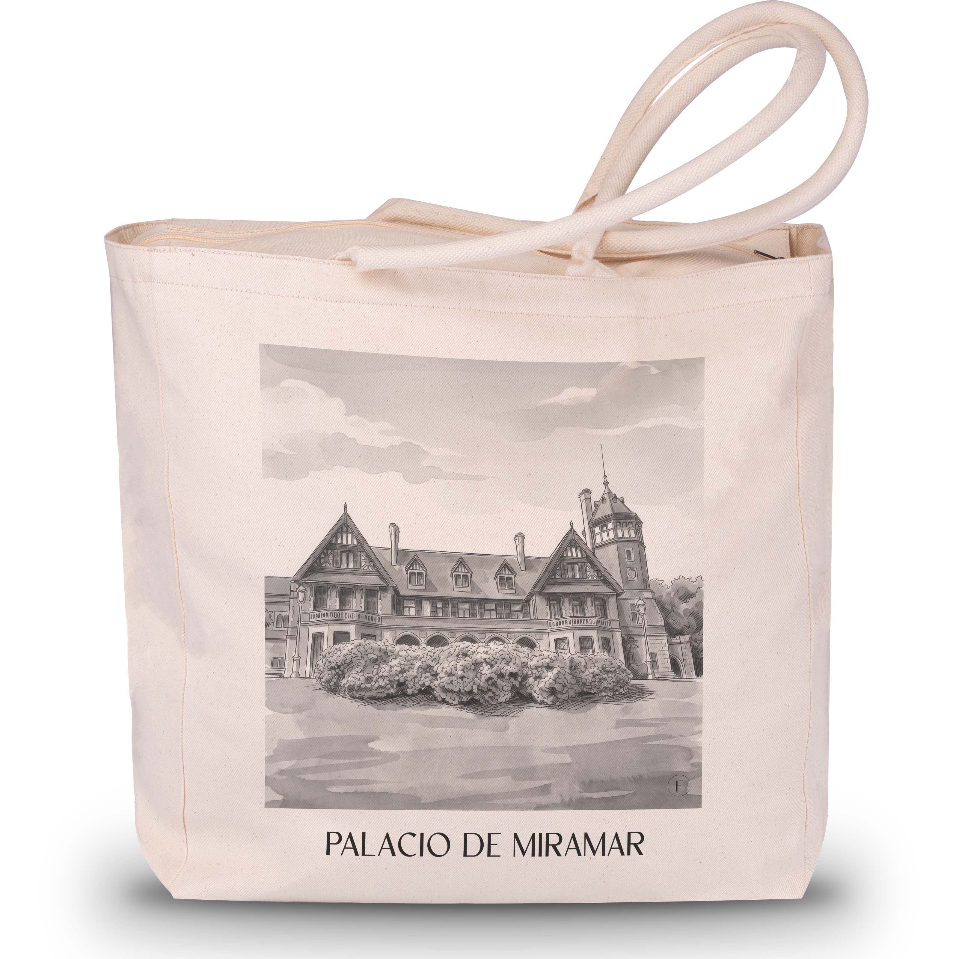 palacio-de-miramar-san-sebastián-spanien-einkaufstasche-aquarell-schwarz-weiss