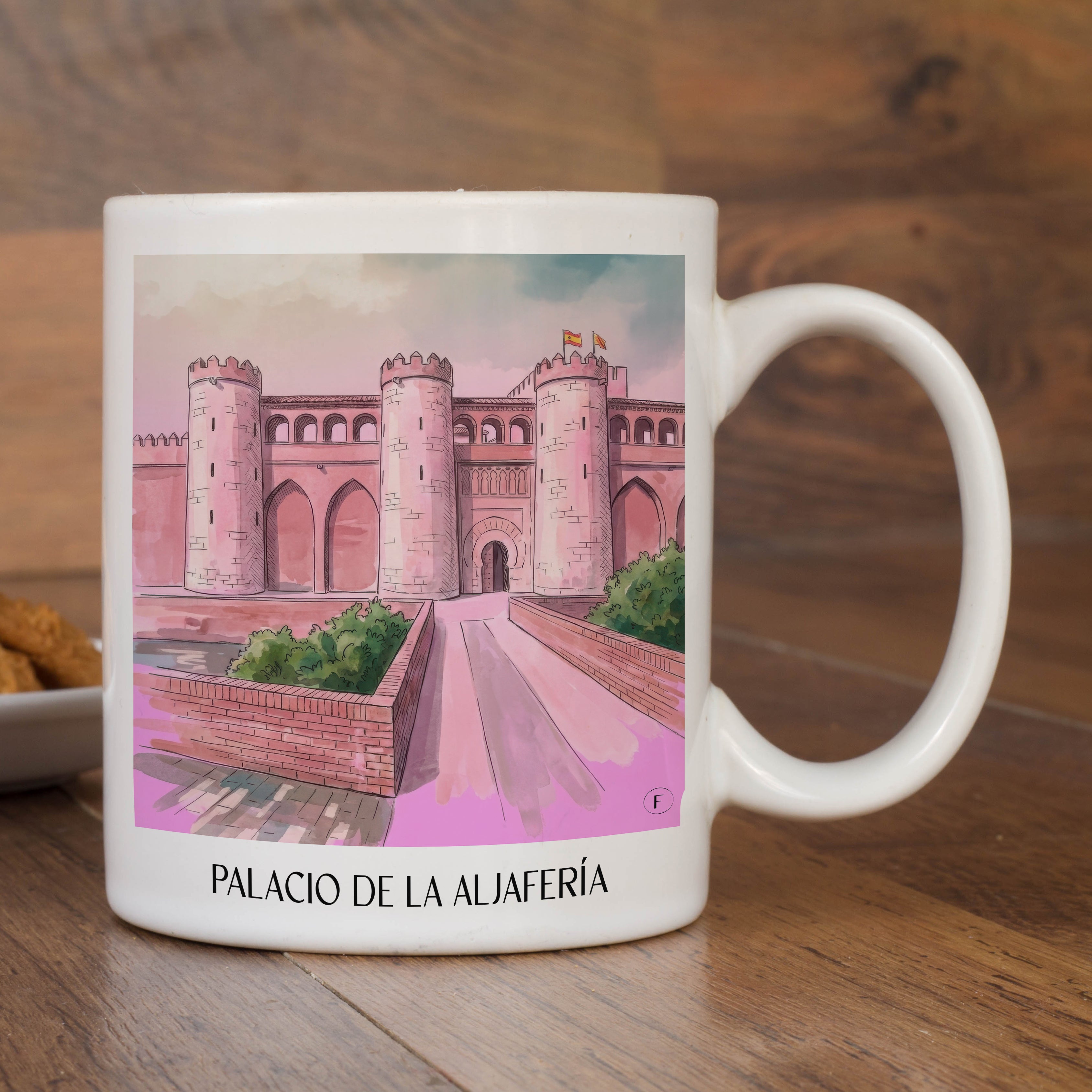 palacio-de-la-aljafería-zaragoza-spanien-kaffeebecher-aquarell-pink-rosa