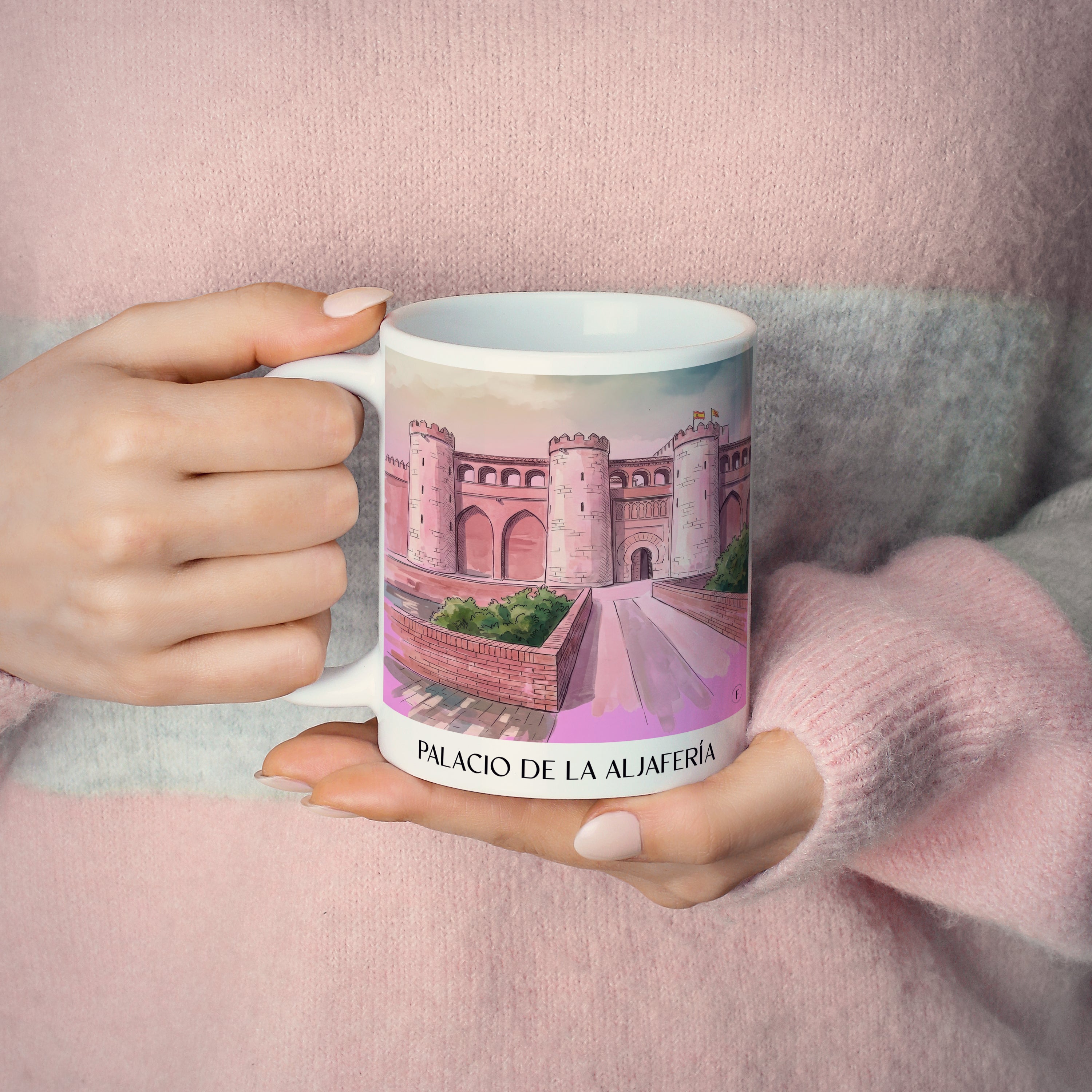 palacio-de-la-aljafería-zaragoza-spanien-kaffeebecher-aquarell-pink-rosa