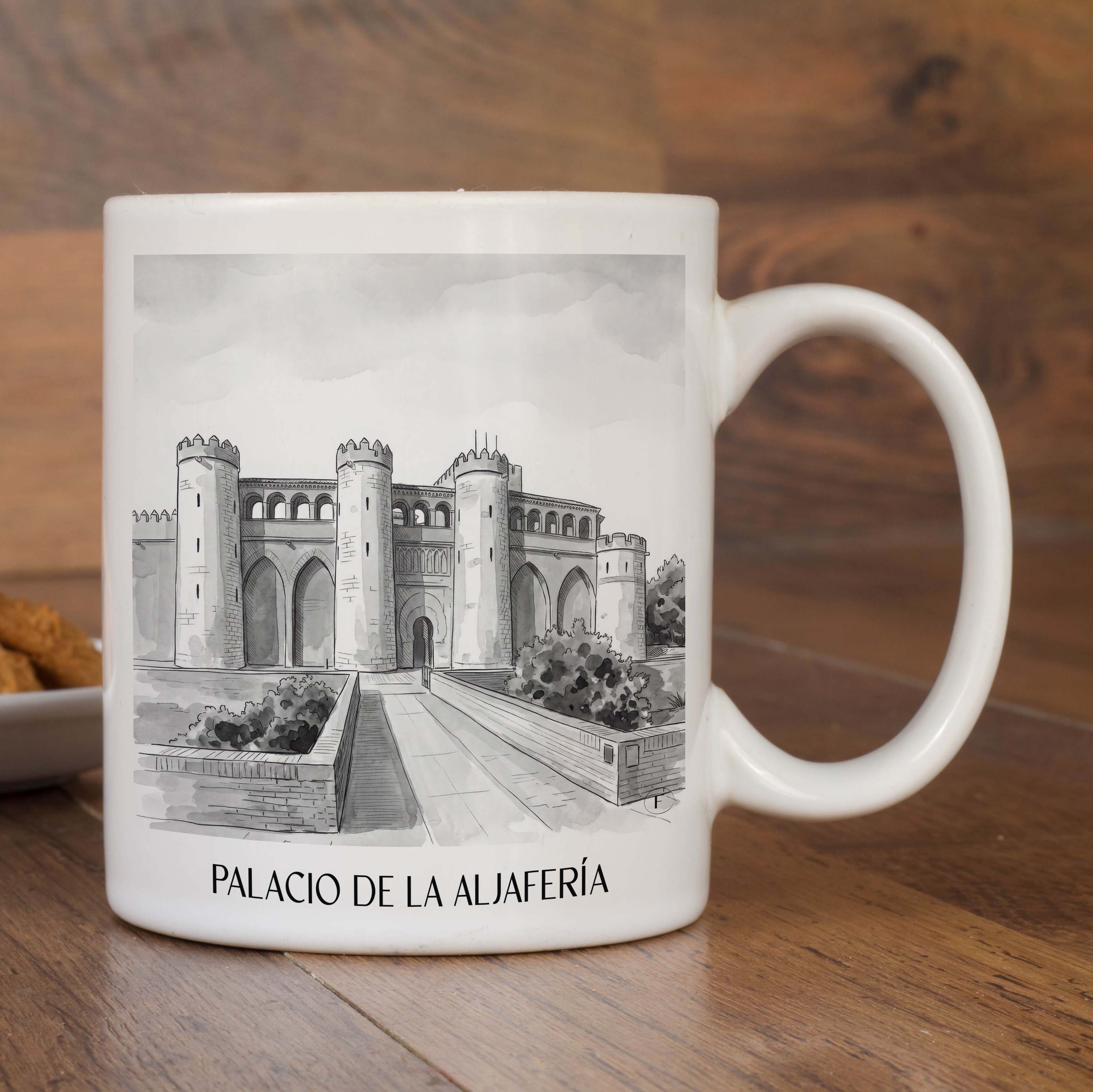 palacio-de-la-aljafería-zaragoza-spanien-kaffeebecher-aquarell-schwarz-weiss
