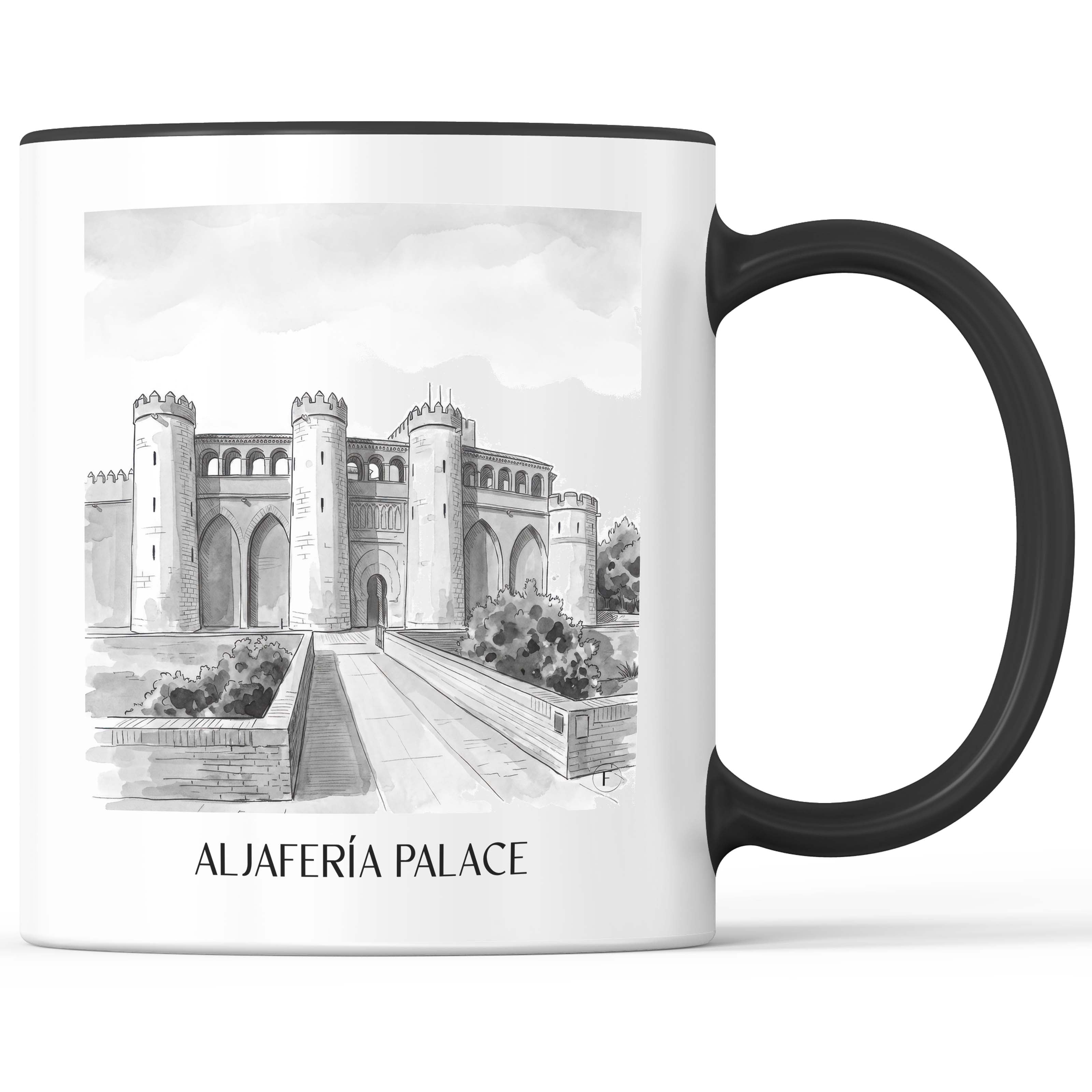 Palacio de la Aljafería Kaffeebecher - Zaragoza - Spanien Becher - Kaffeetasse im Aquarell Schwarz-Weiß Stil - favplace