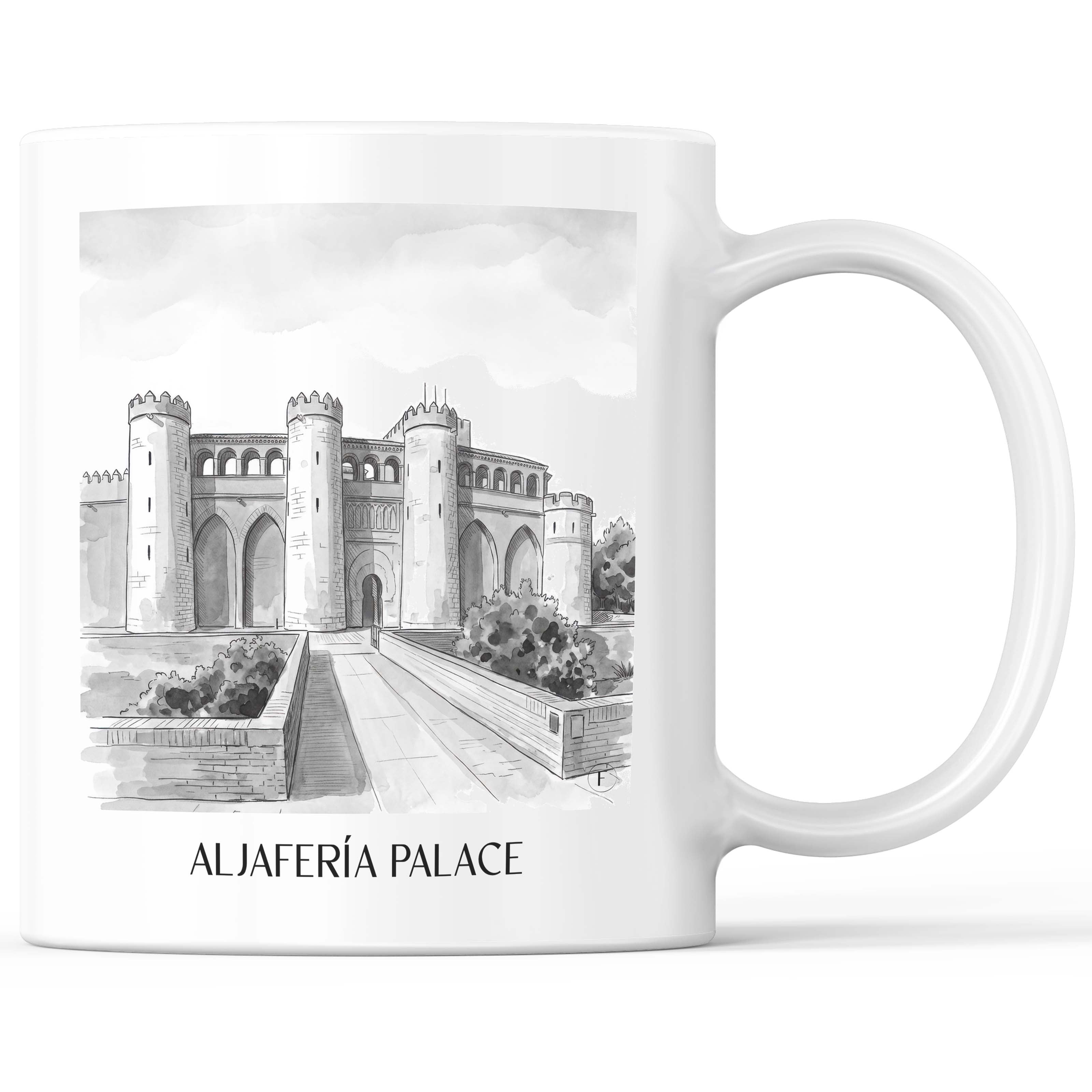 Palacio de la Aljafería Kaffeebecher - Zaragoza - Spanien Becher - Kaffeetasse im Aquarell Schwarz-Weiß Stil - favplace