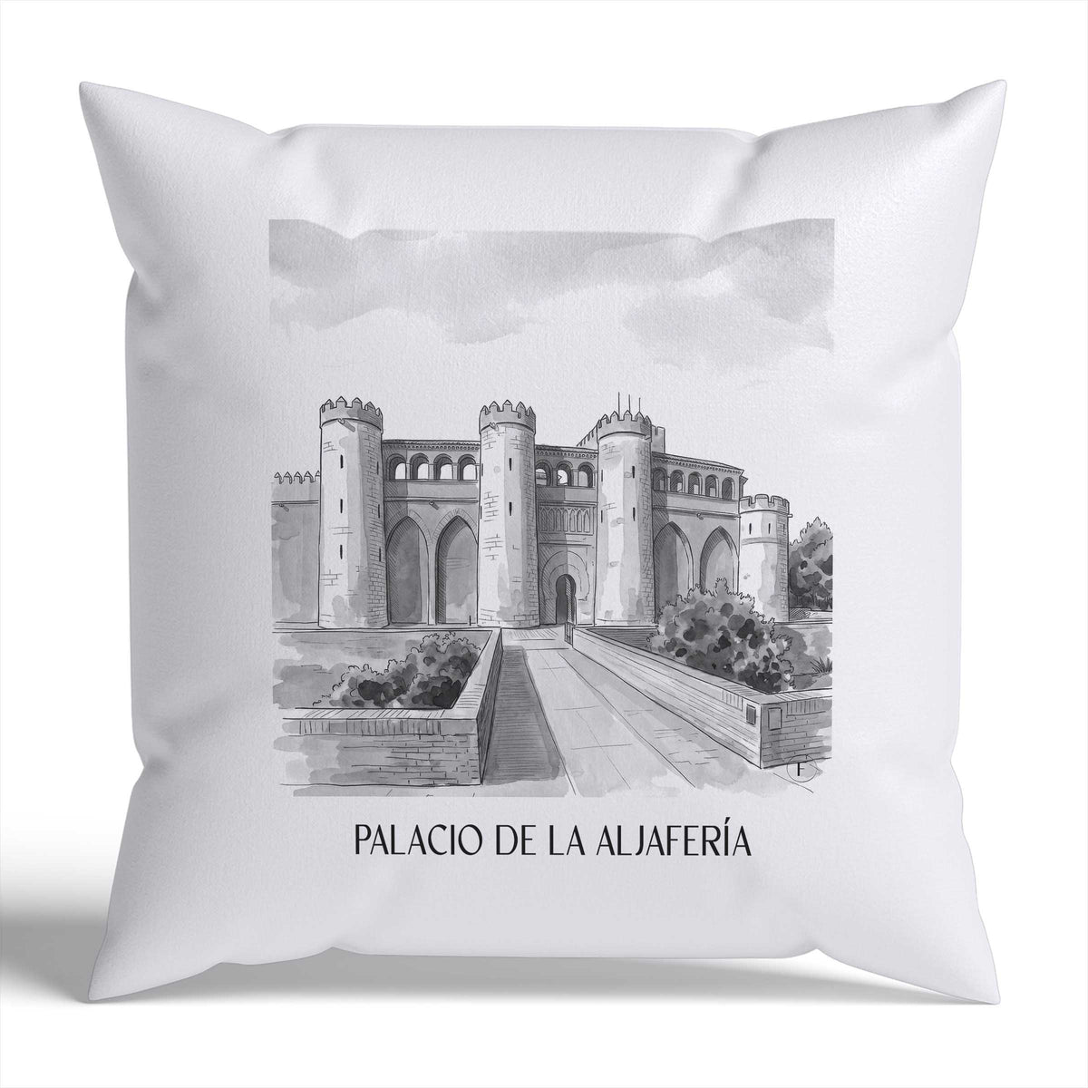 palacio-de-la-aljafería-zaragoza-spanien-kissenbezug-aquarell-schwarz-weiss