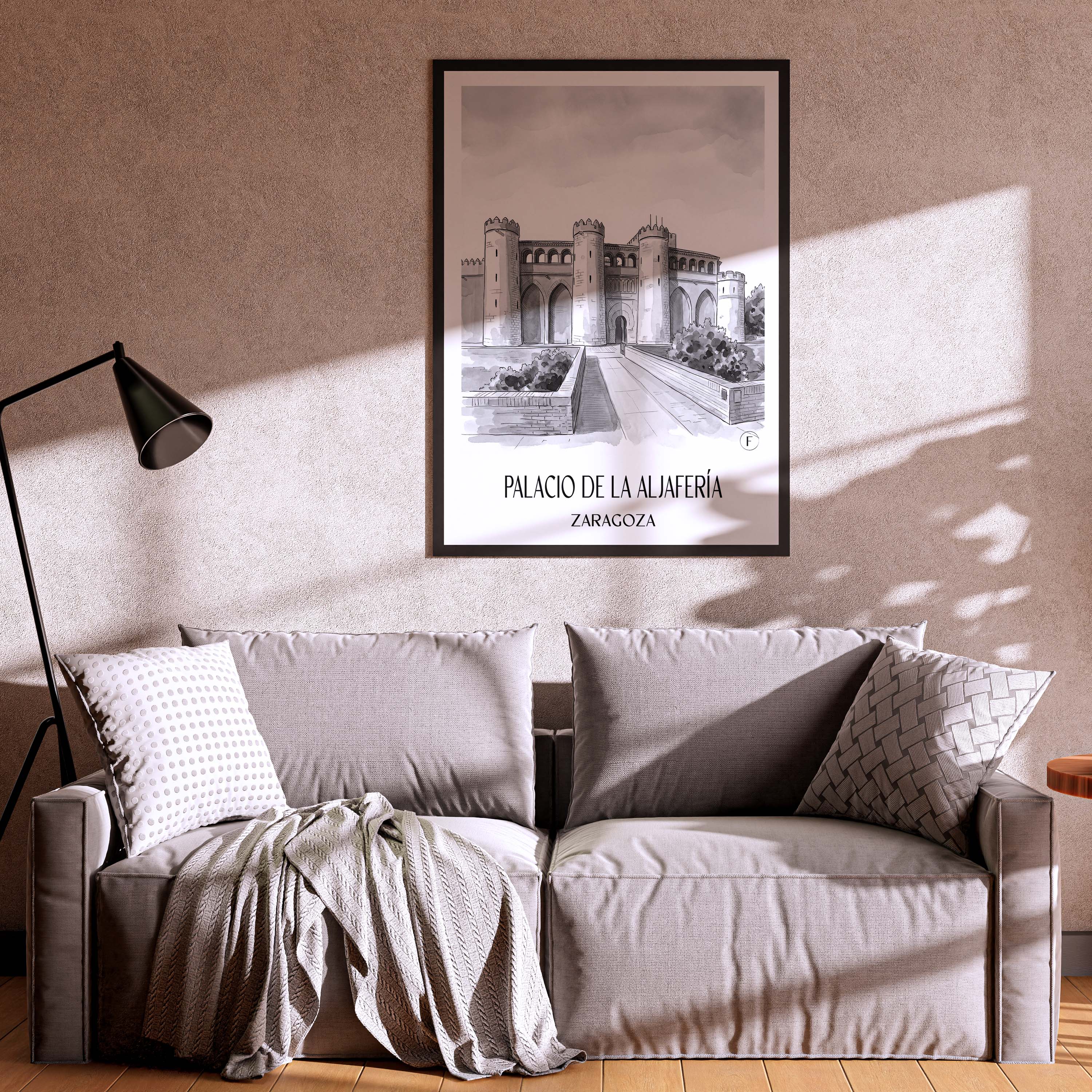 palacio-de-la-aljafería-zaragoza-spanien-poster-aquarell-schwarz-weiss