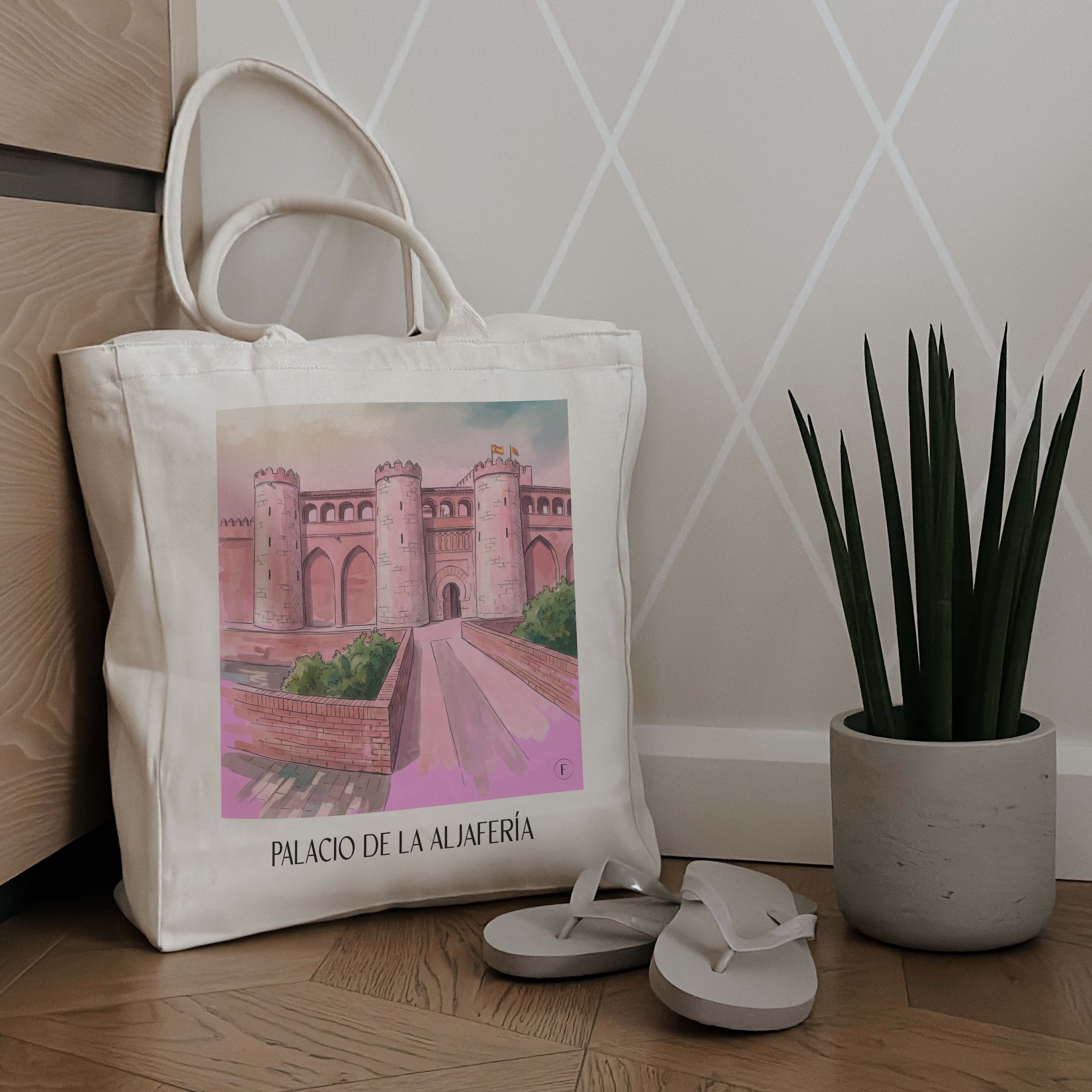 palacio-de-la-aljafería-zaragoza-spanien-einkaufstasche-aquarell-pink-rosa