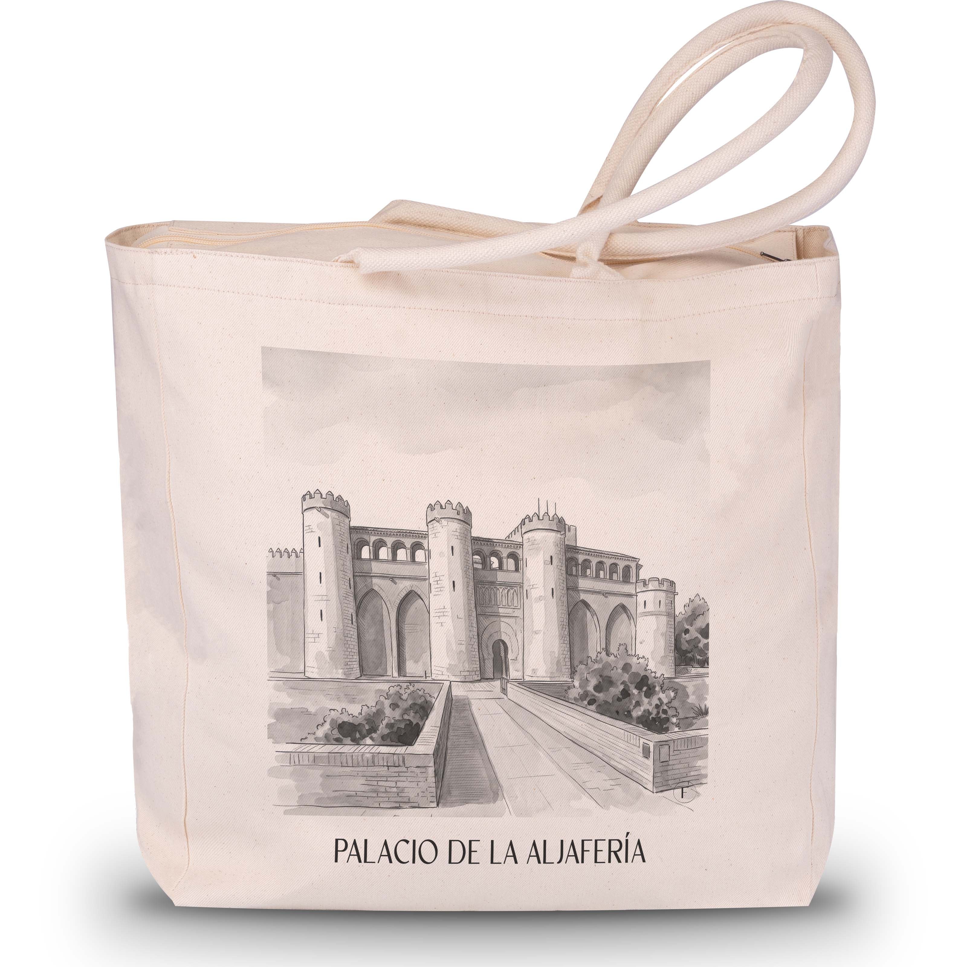 palacio-de-la-aljafería-zaragoza-spanien-einkaufstasche-aquarell-schwarz-weiss