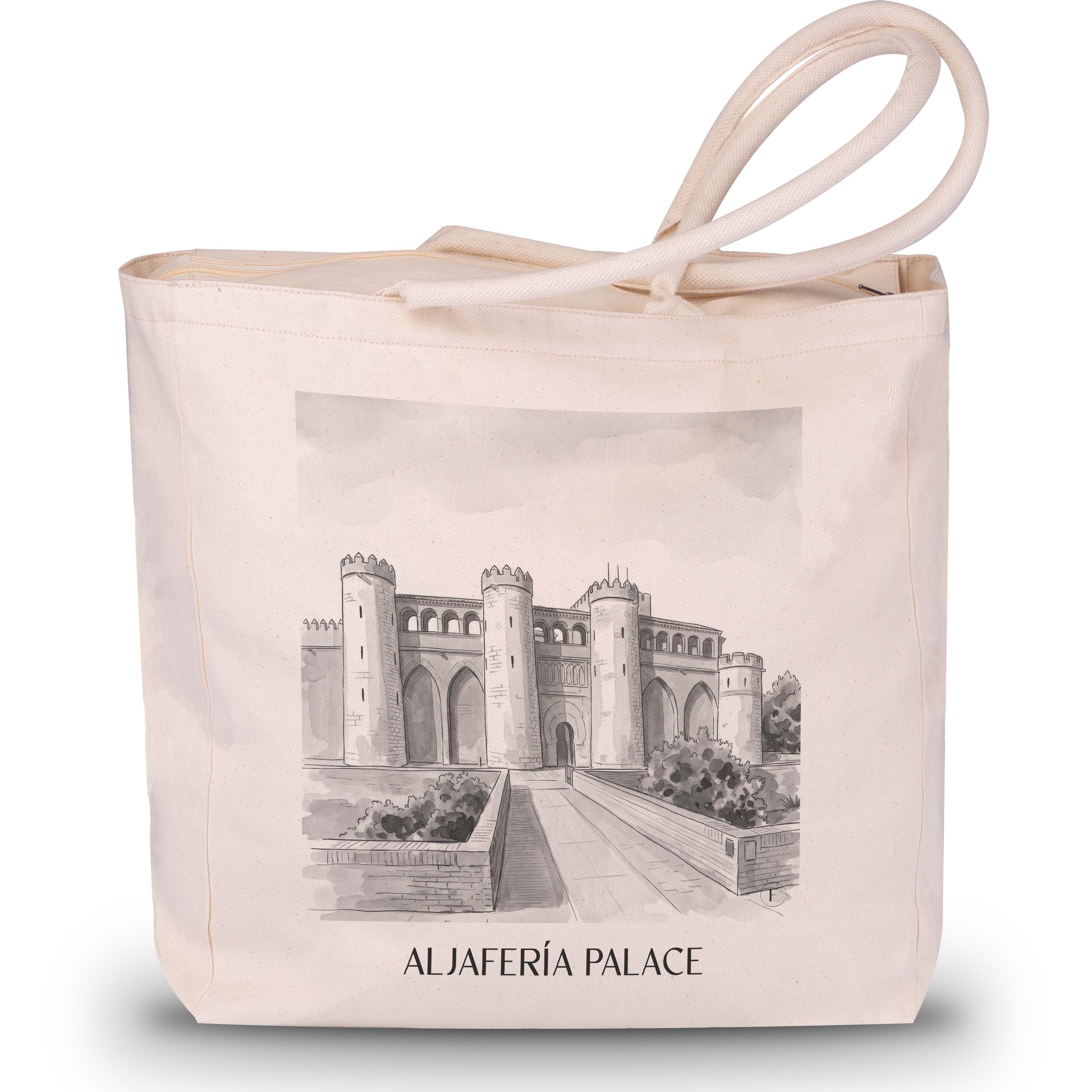 Palacio de la Aljafería Shopping Tasche - Zaragoza - Spanien Tote Bag - Einkaufstasche im Aquarell Schwarz-Weiß Stil - favplace