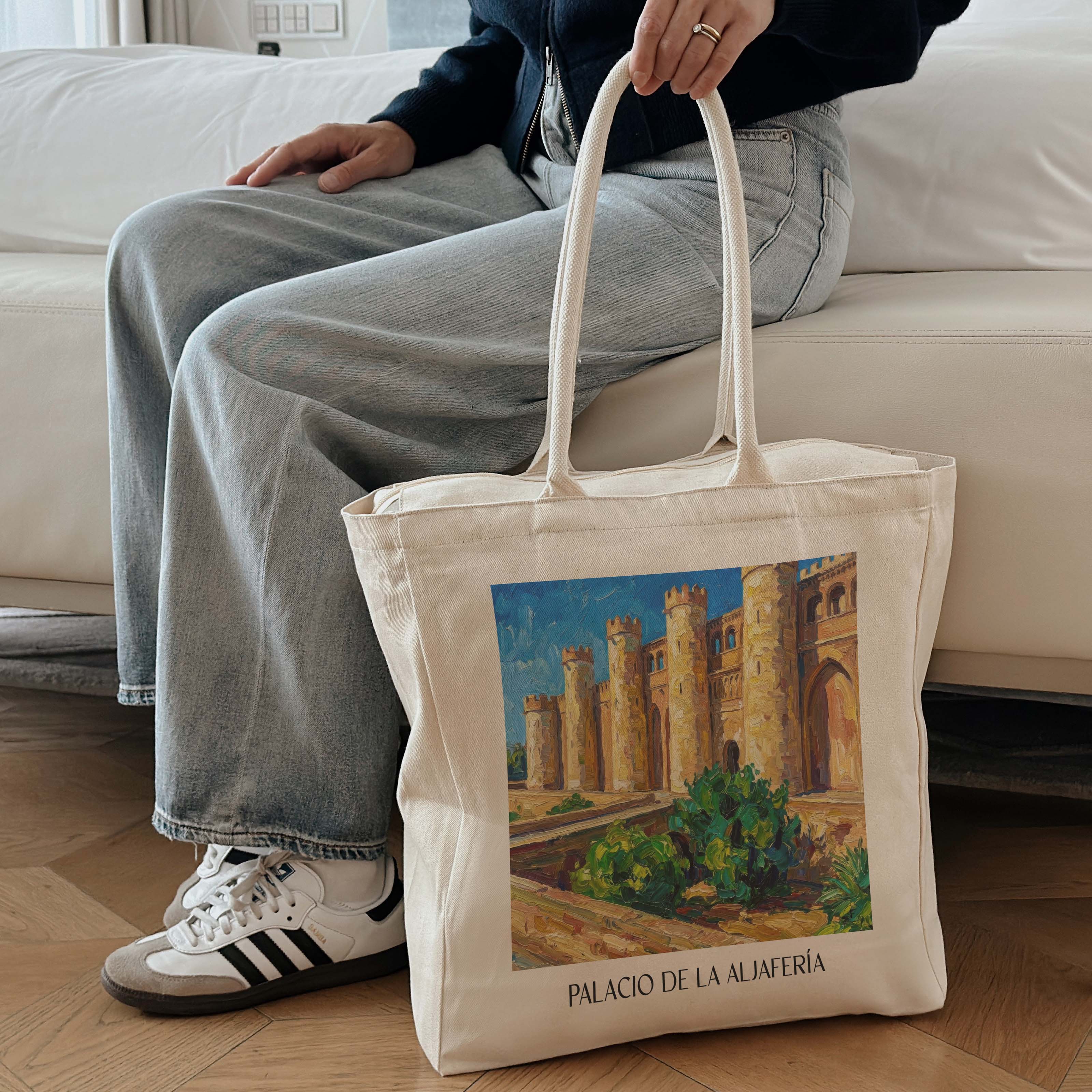 palacio-de-la-aljafería-zaragoza-spanien-einkaufstasche-oil-painting-oelgemaelde