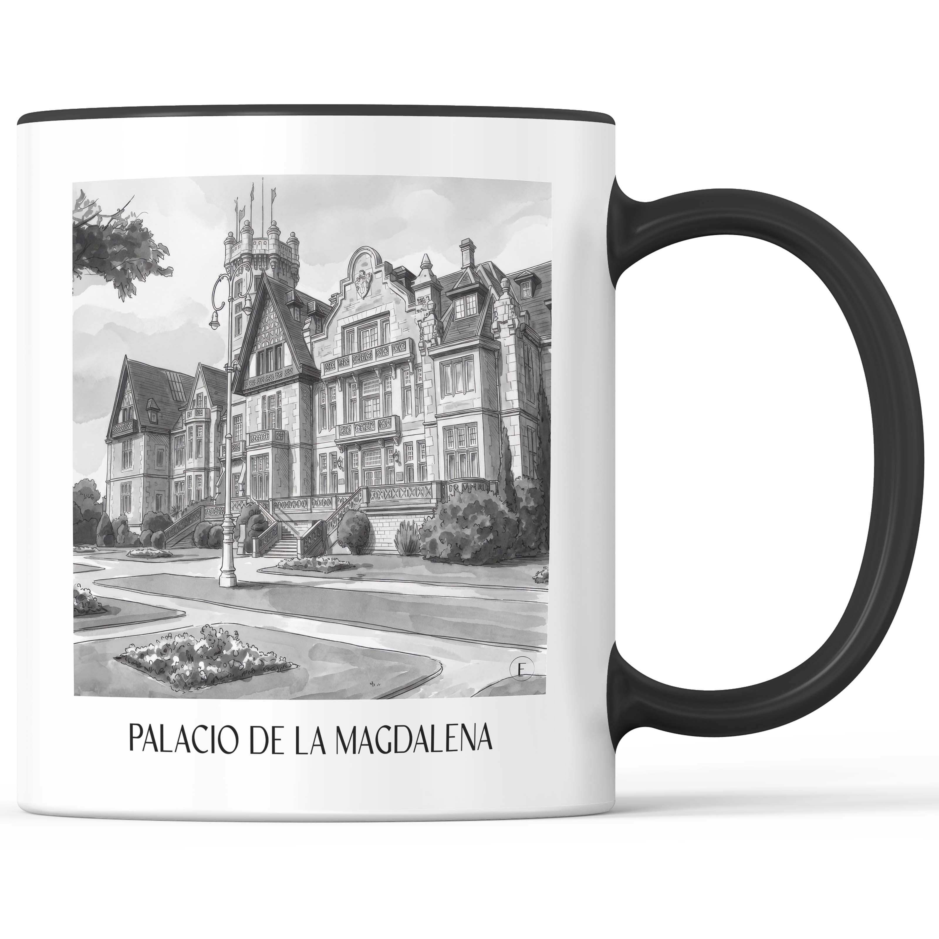 palacio-de-la-magdalena-santander-spanien-kaffeebecher-aquarell-schwarz-weiss
