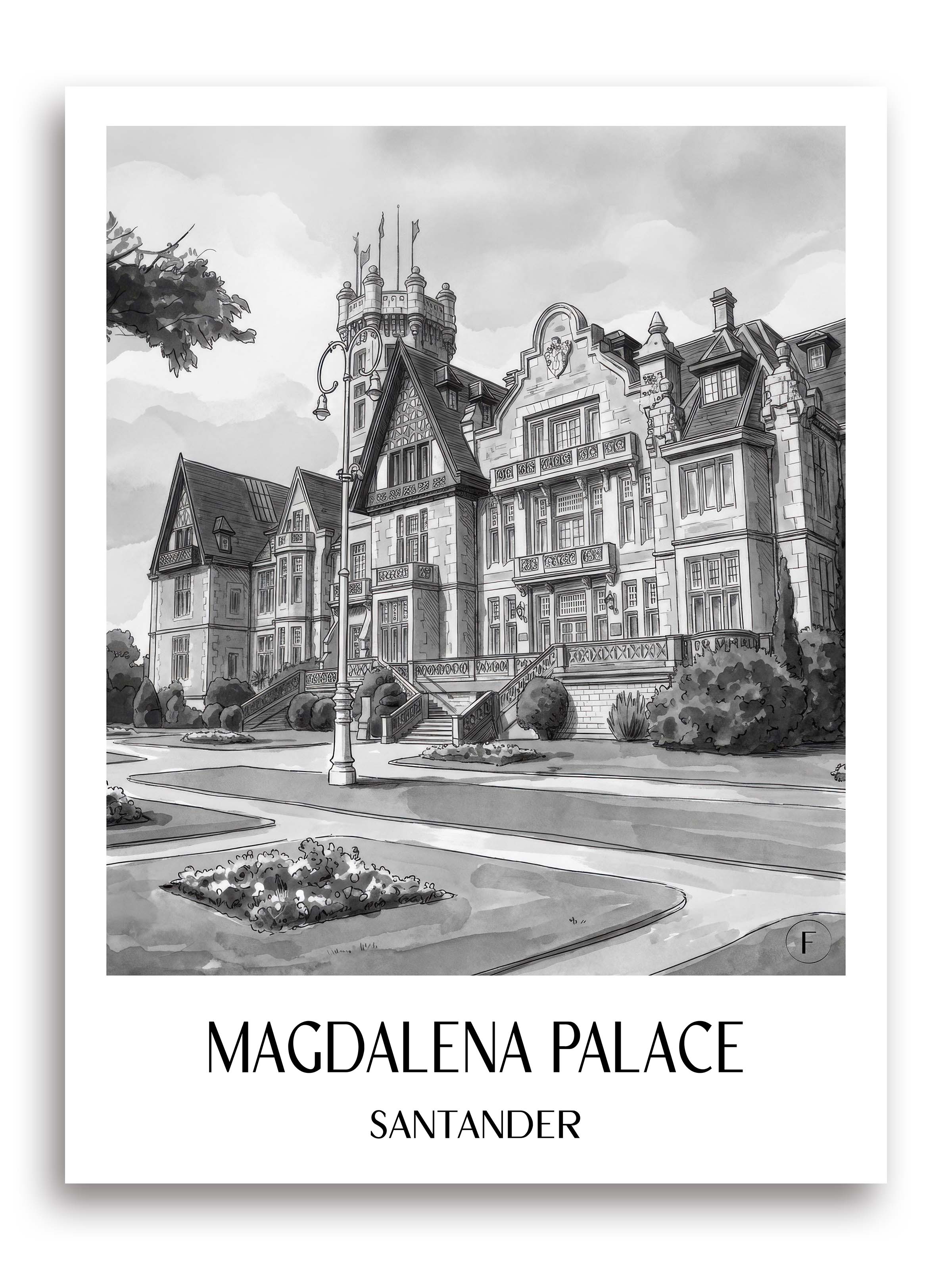Palacio de la Magdalena Poster - Santander - Spanien Kunstdruck - Aquarell Schwarz-Weiß von A4 bis A1 - favplace