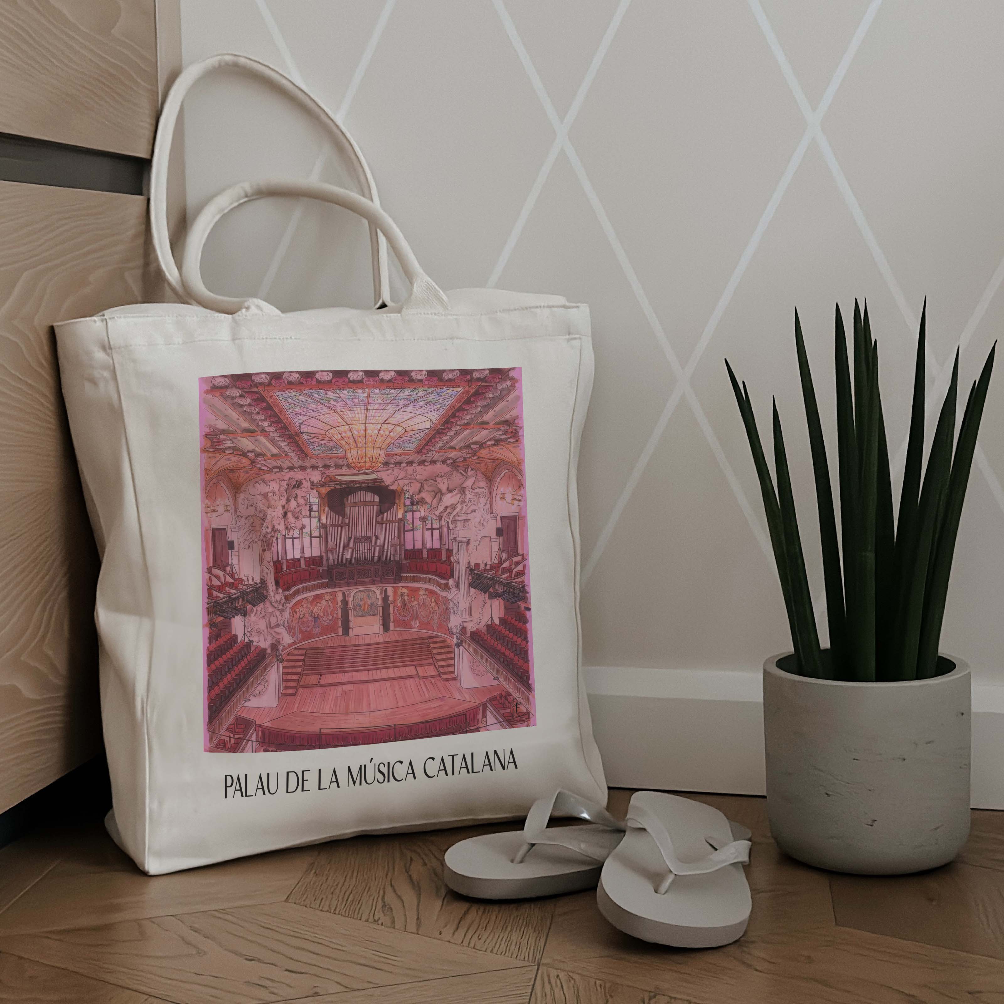 palau-de-la-música-catalana-barcelona-spanien-einkaufstasche-aquarell-pink-rosa