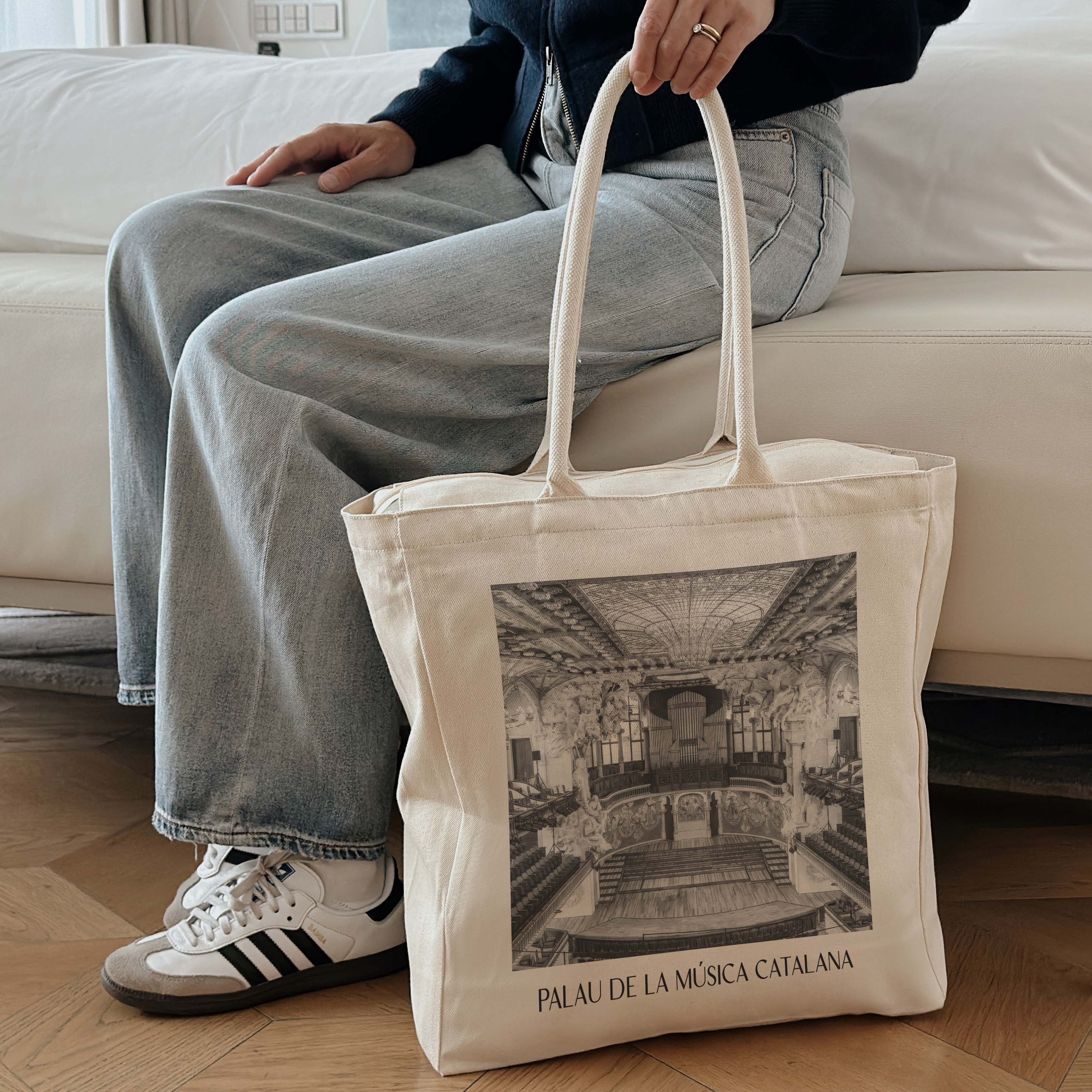 palau-de-la-música-catalana-barcelona-spanien-einkaufstasche-aquarell-schwarz-weiss