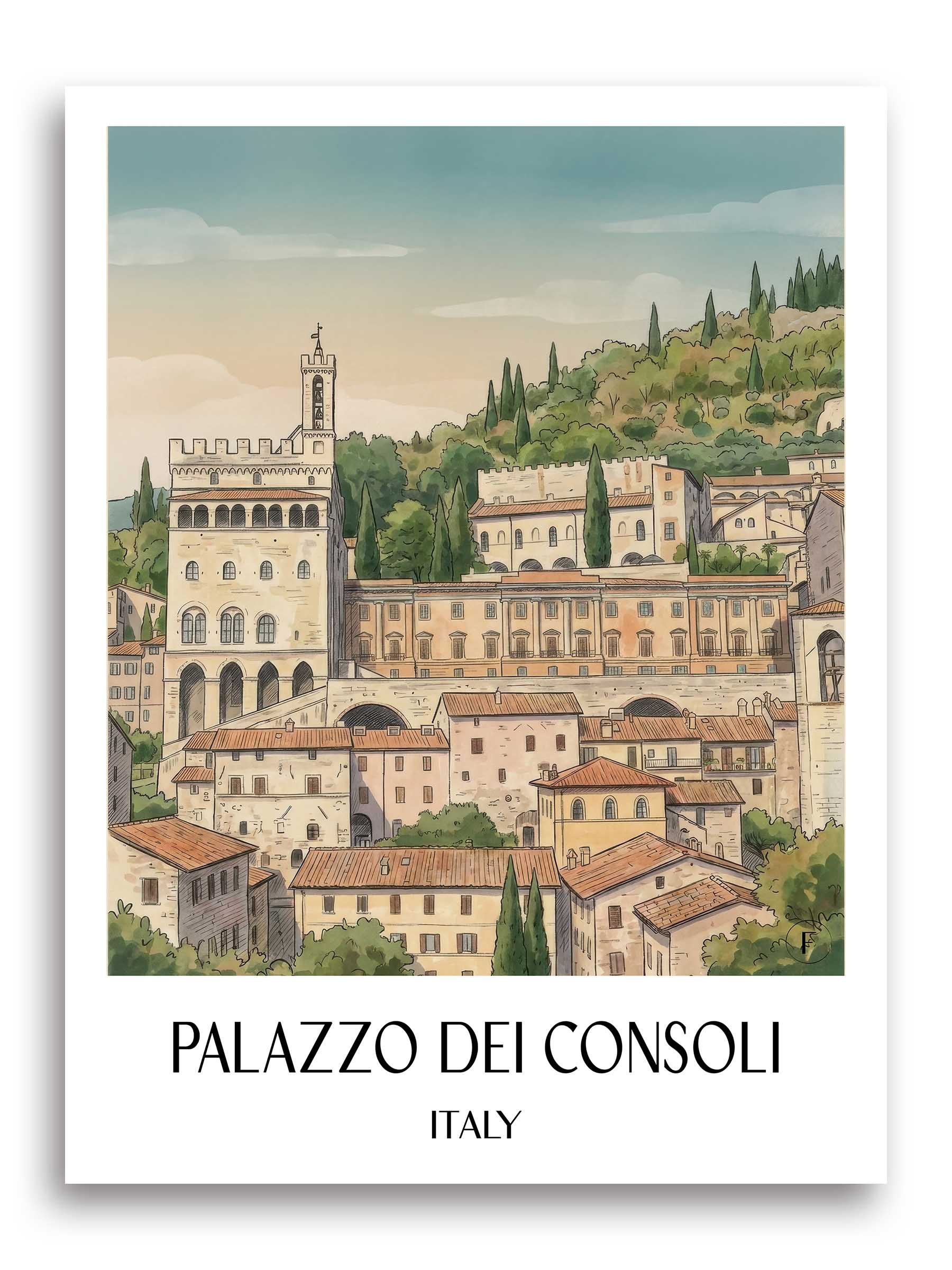 Palazzo dei Consoli Poster - Gubbio - Italien Kunstdruck - Aquarell von A4 bis A1 - favplace