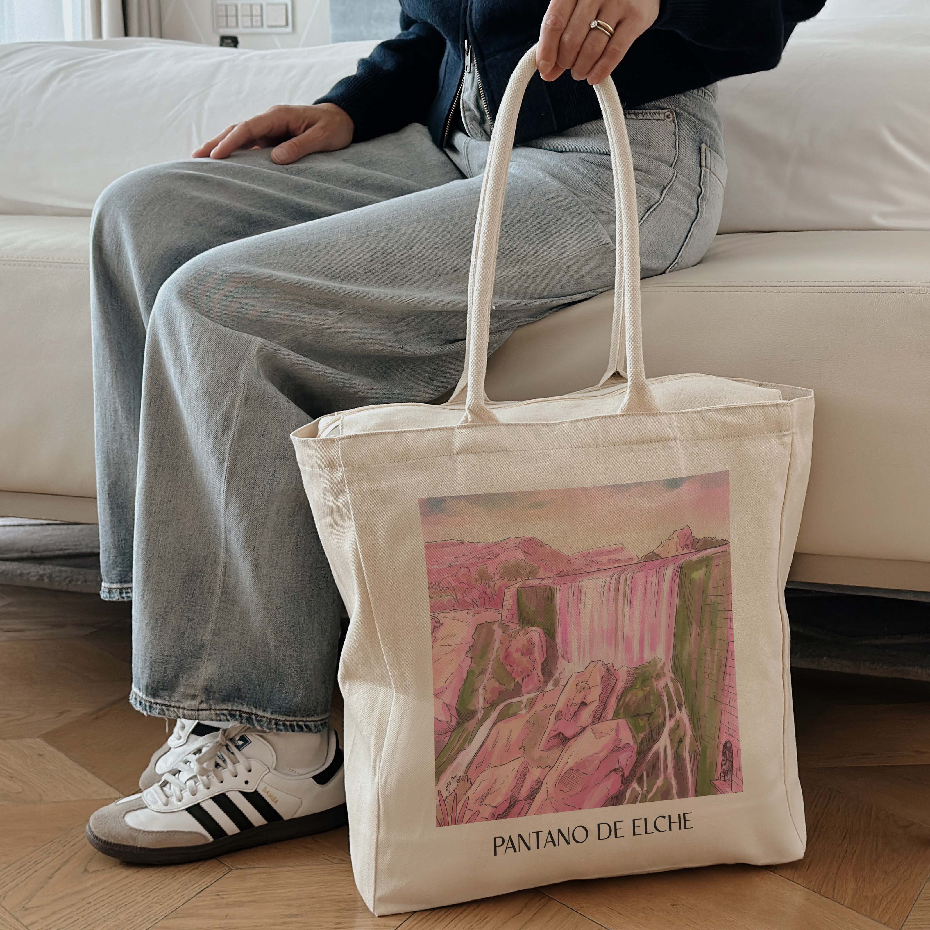 pantano-de-elche-spanien-spanien-einkaufstasche-aquarell-pink-rosa
