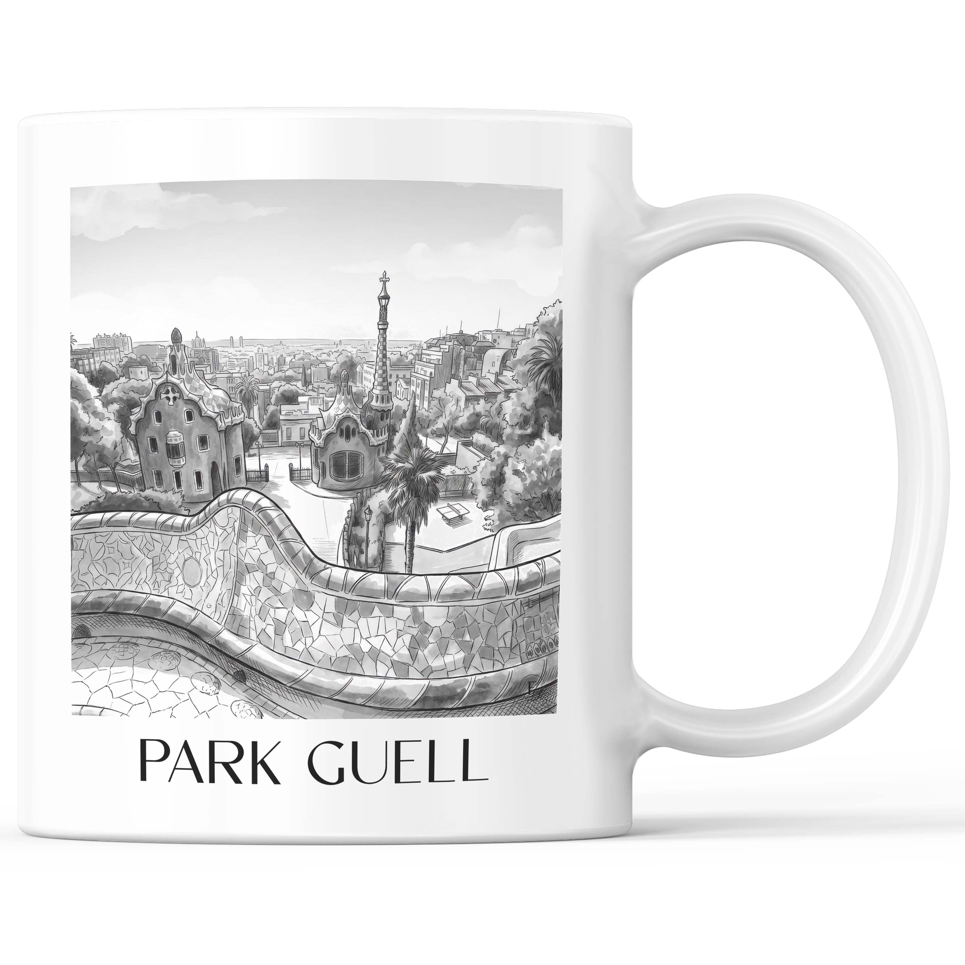 Park Güell Kaffeebecher - Barcelona - Spanien Becher - Kaffeetasse im Aquarell Schwarz-Weiß Stil - favplace