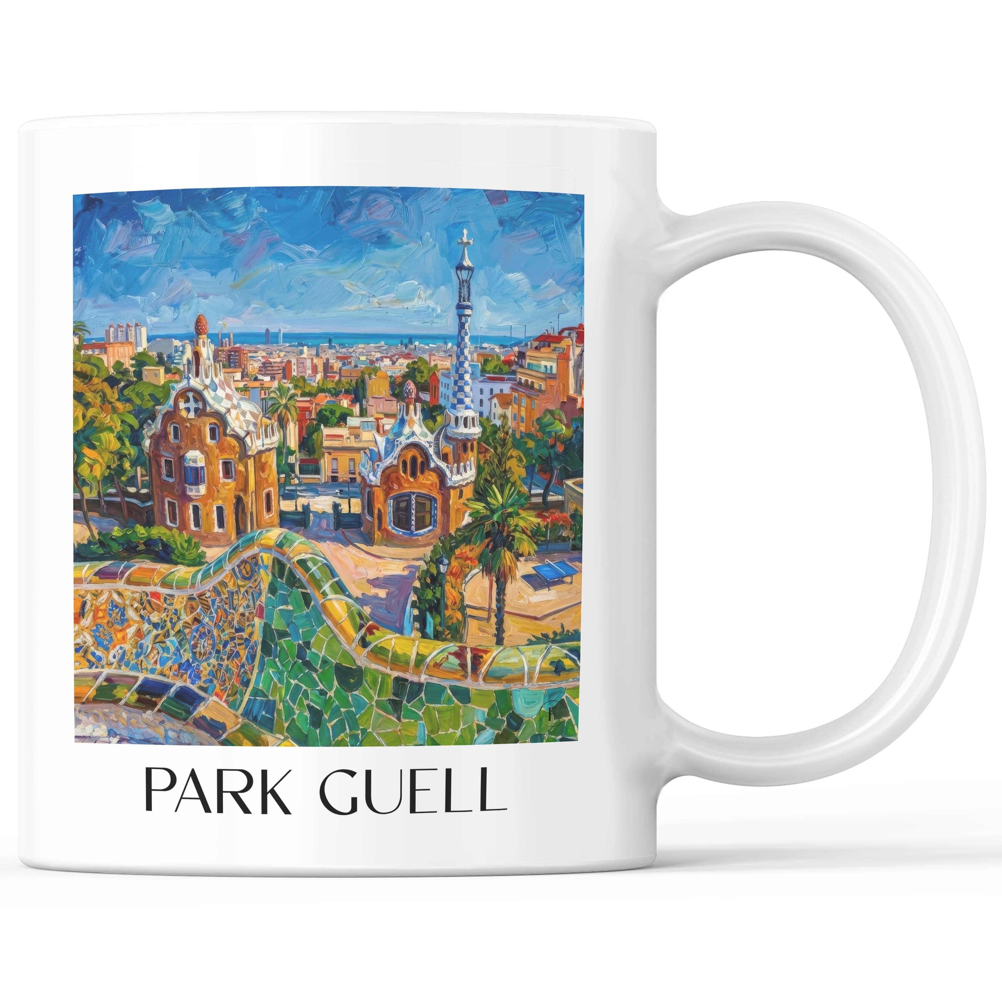 Park Güell Kaffeebecher - Barcelona - Spanien Becher - Kaffeetasse im Ölgemälde Stil - favplace