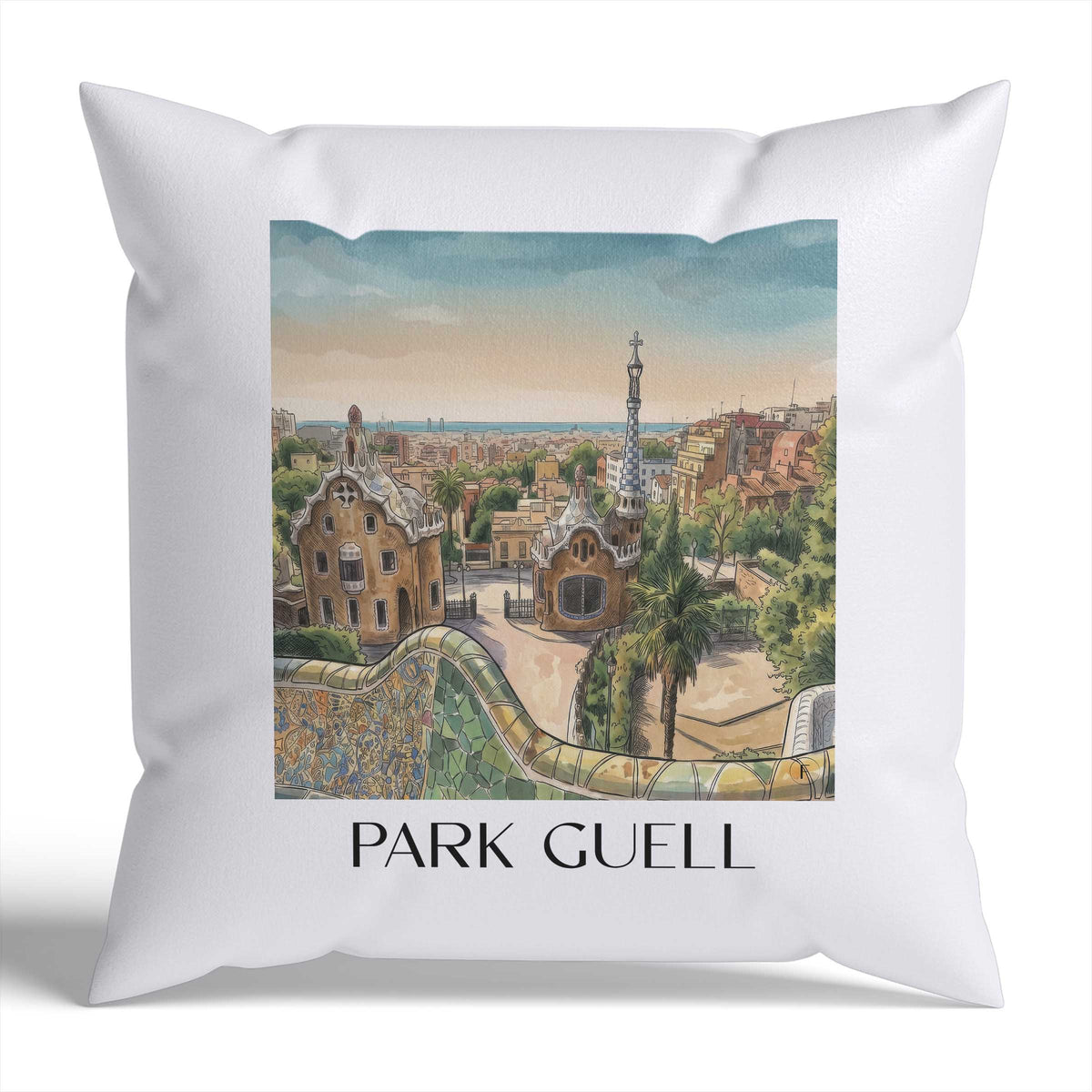 Park Güell Kissenhülle - Zierkissen Bezug - Barcelona - Spanien Kissen bzw. Kissenbezug im Aquarell Stil - favplace