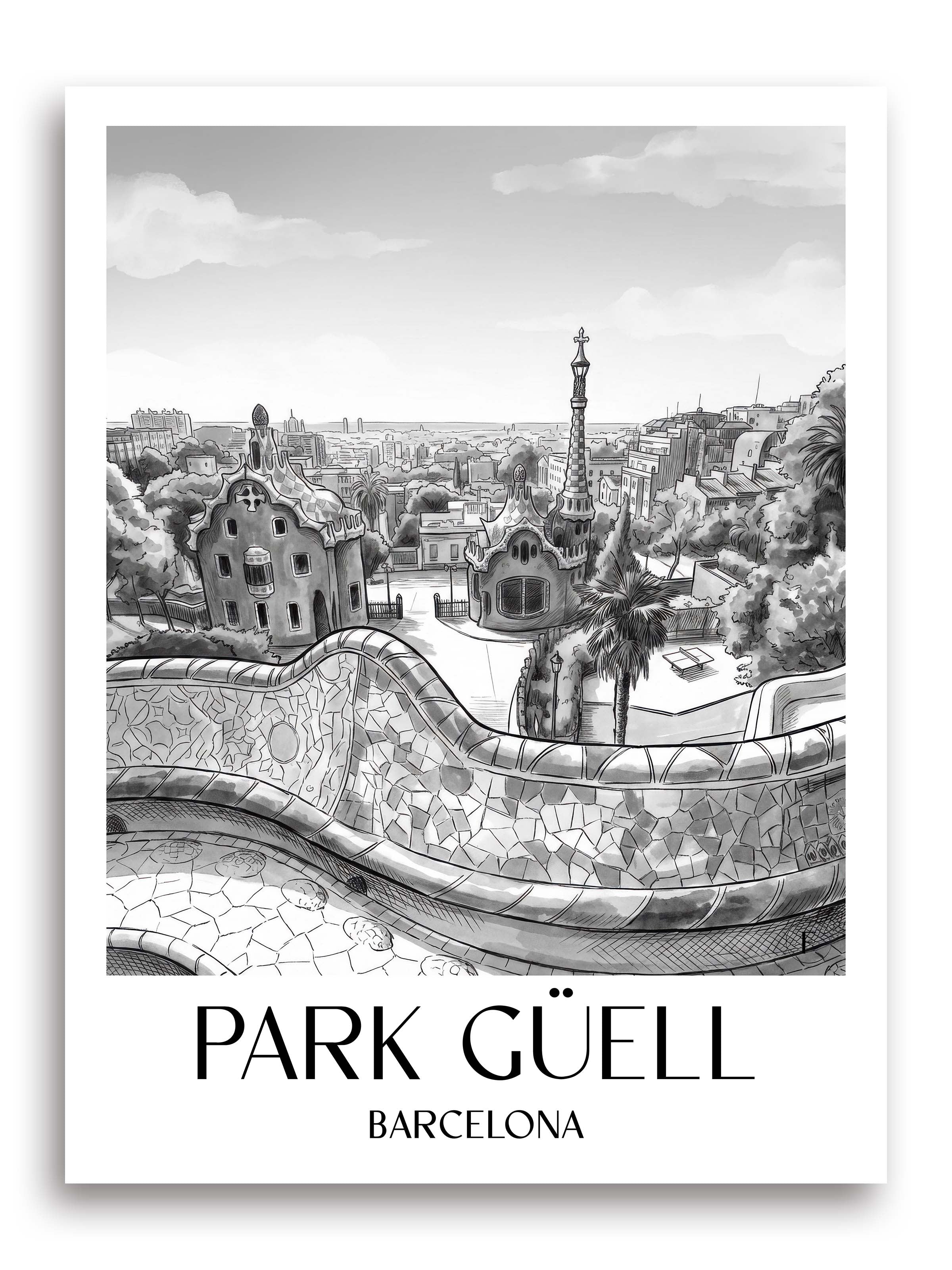 park-güell-barcelona-spanien-poster-aquarell-schwarz-weiss