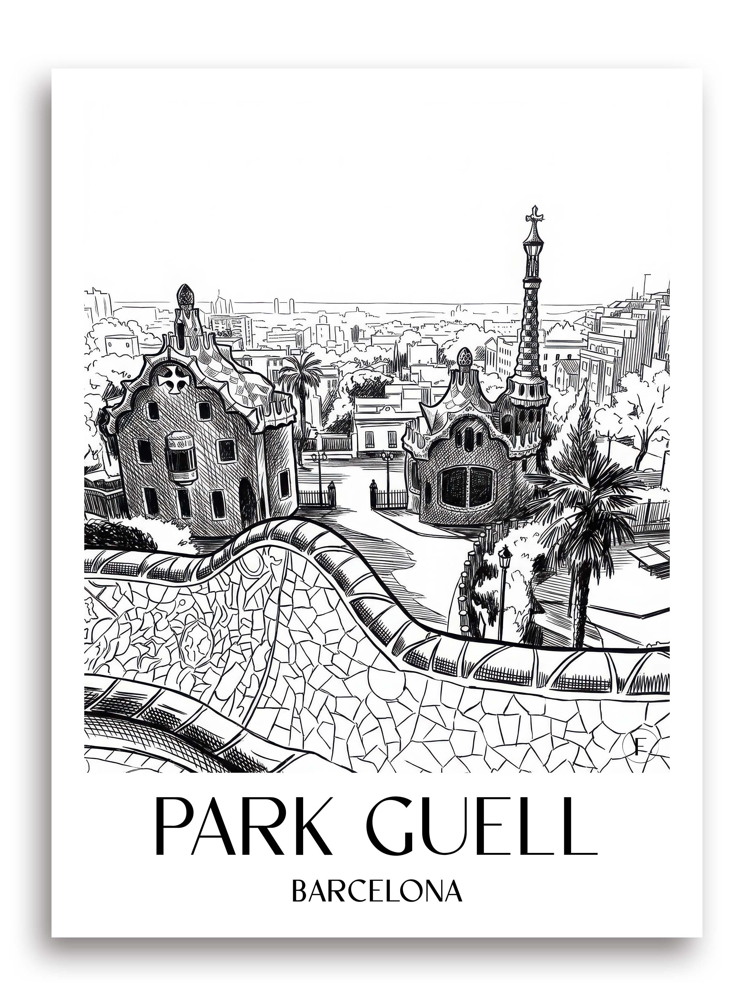 Park Güell Poster - Barcelona - Spanien Kunstdruck - Skizze von A4 bis A1 - favplace