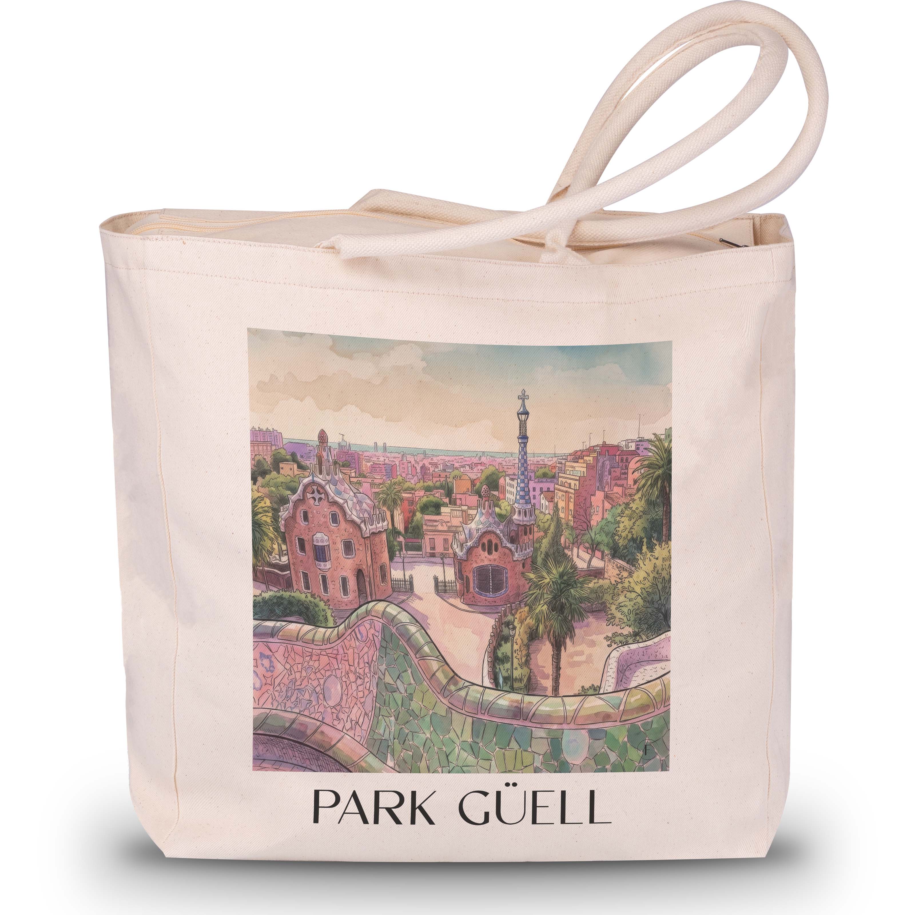 park-güell-barcelona-spanien-einkaufstasche-aquarell-pink-rosa
