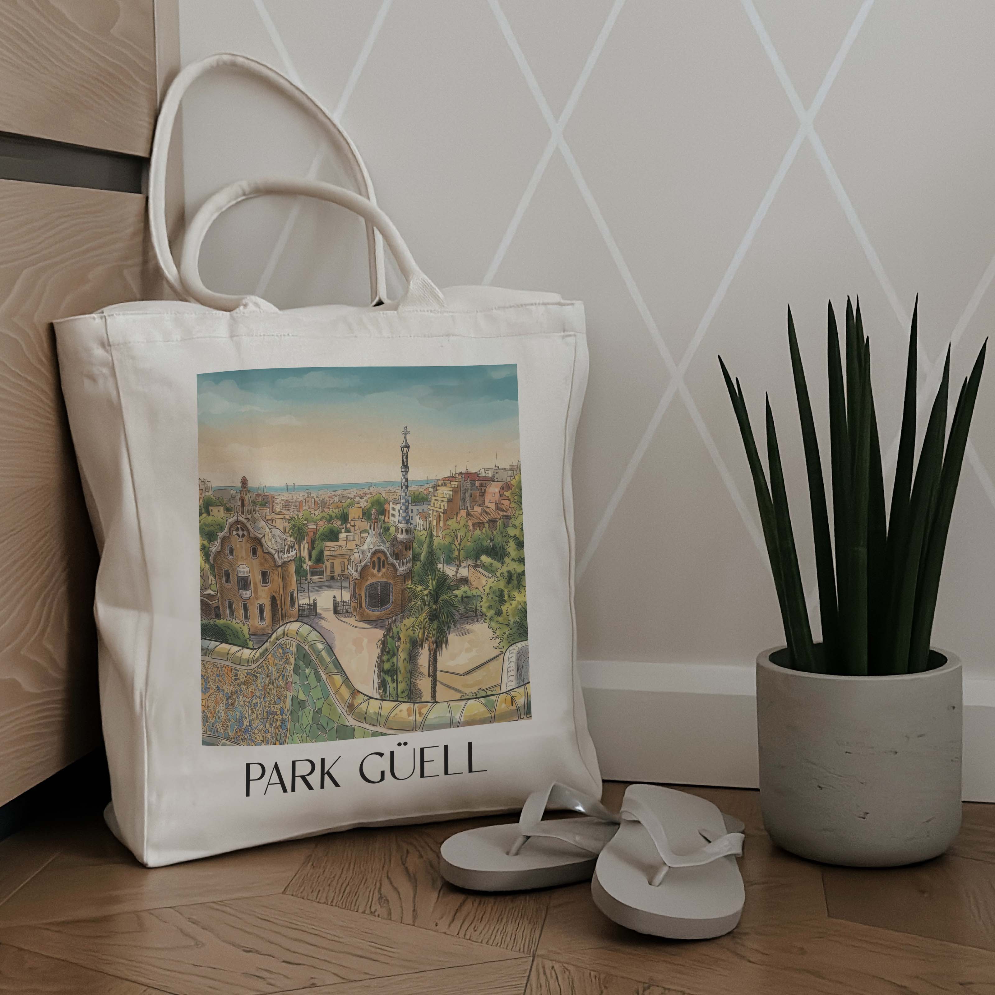 park-güell-barcelona-spanien-einkaufstasche-aquarell