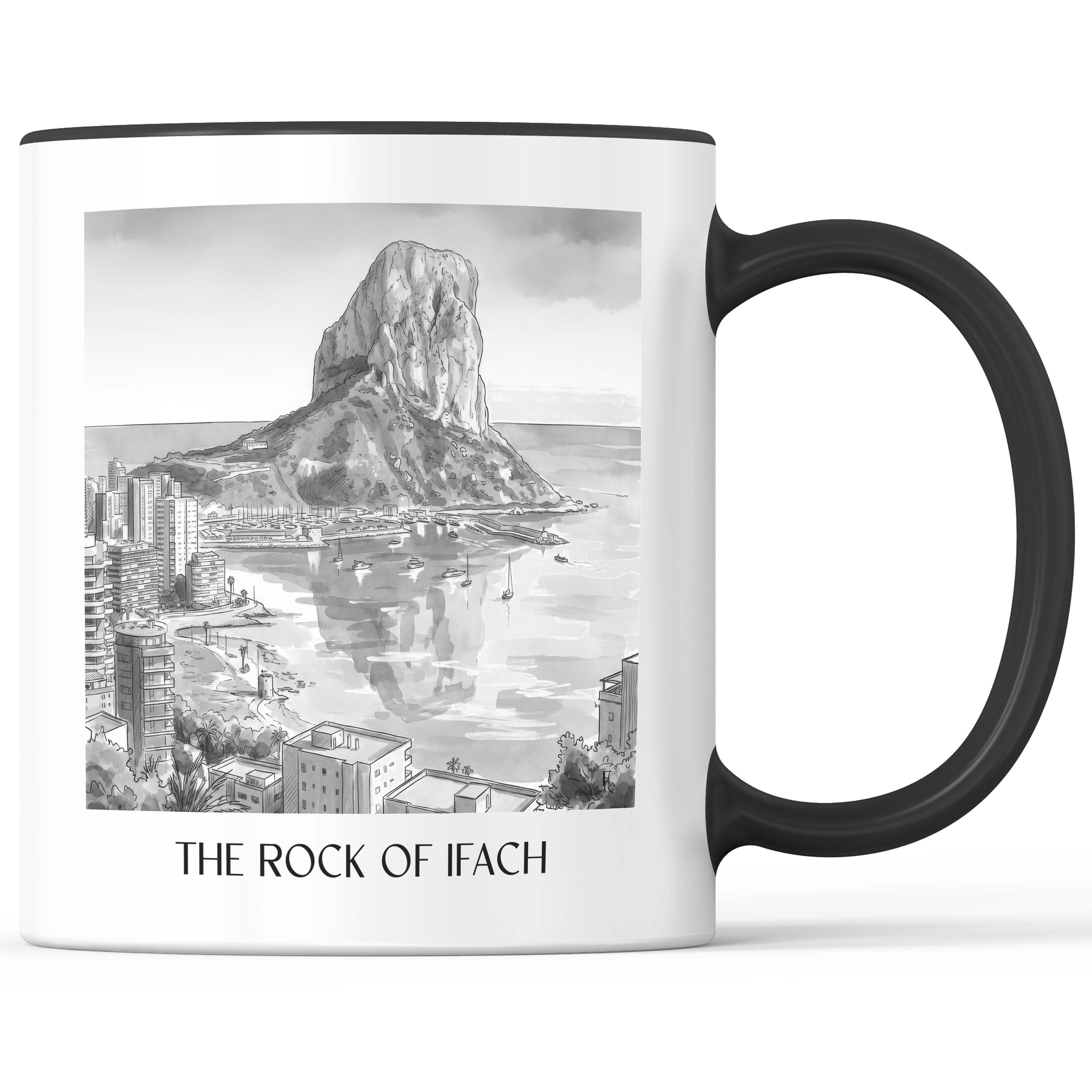 Peñón de Ifach Kaffeebecher - Calpe - Spanien Becher - Kaffeetasse im Aquarell Schwarz-Weiß Stil - favplace