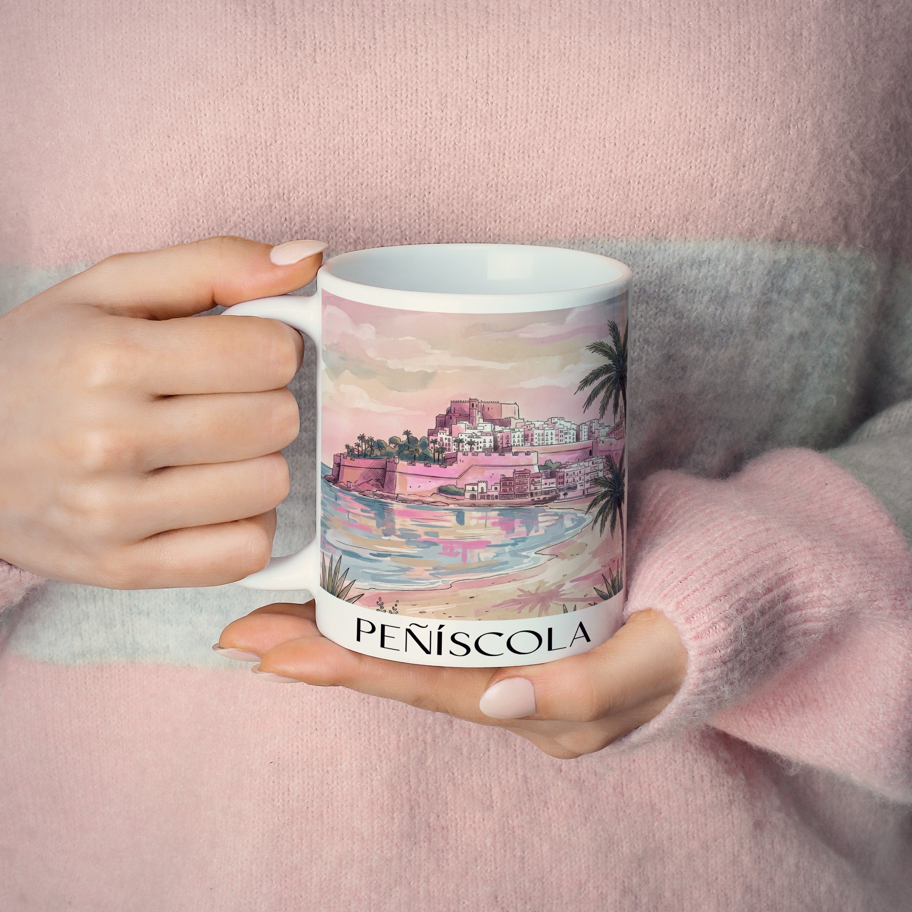 peñíscola-spanien-spanien-kaffeebecher-aquarell-pink-rosa