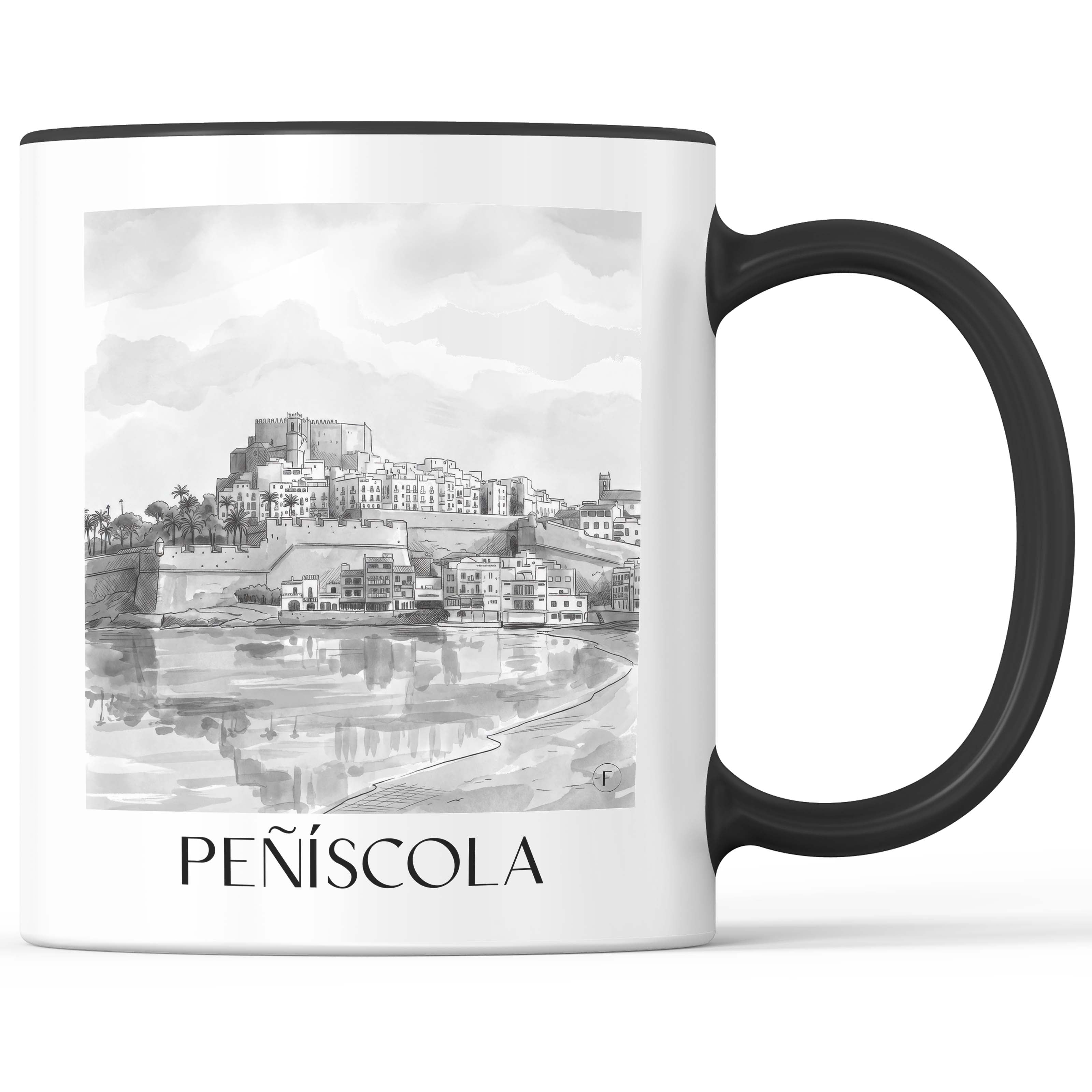 peñíscola-spanien-spanien-kaffeebecher-aquarell-schwarz-weiss