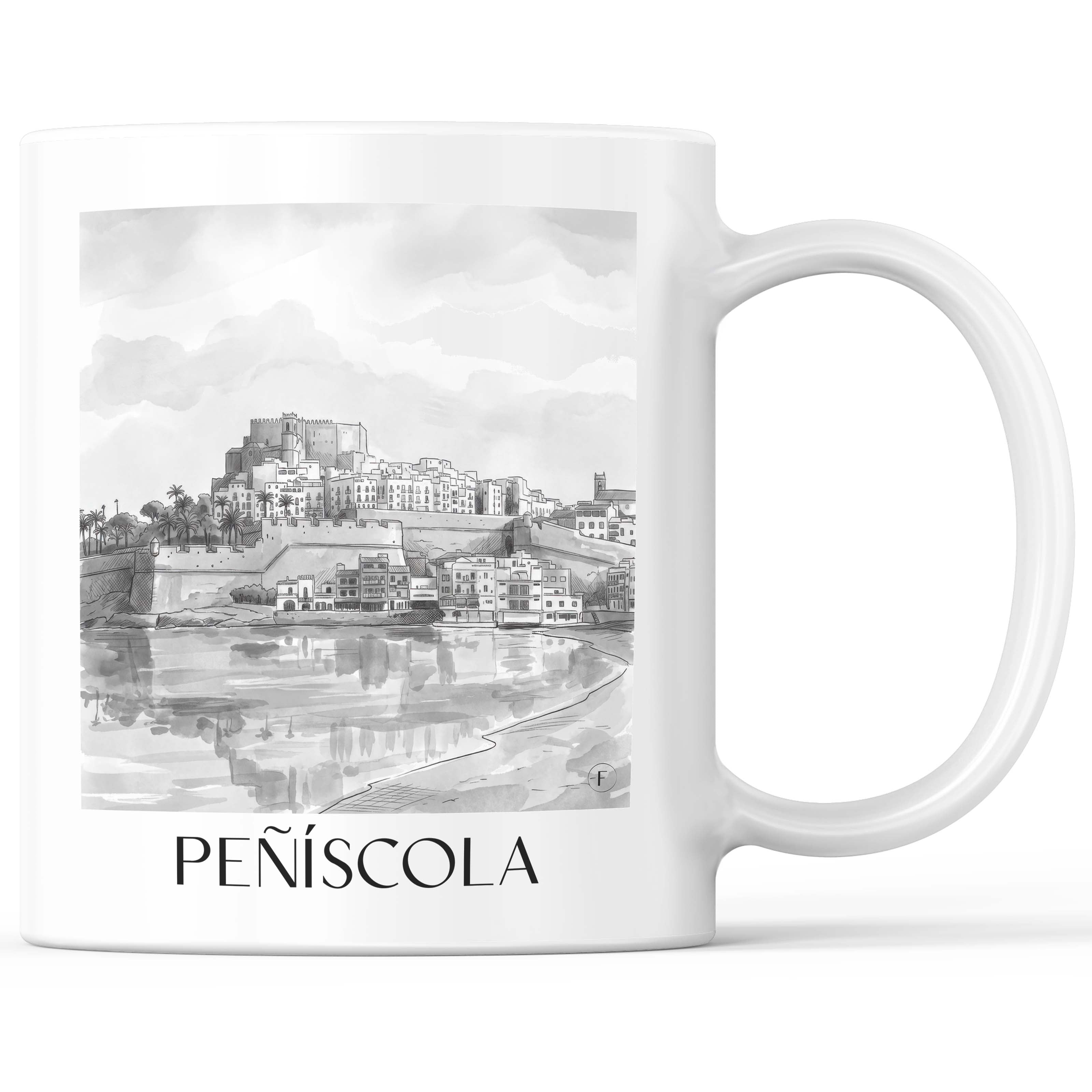 Peñíscola Kaffeebecher - Spanien - Spanien Becher - Kaffeetasse im Aquarell Schwarz-Weiß Stil - favplace