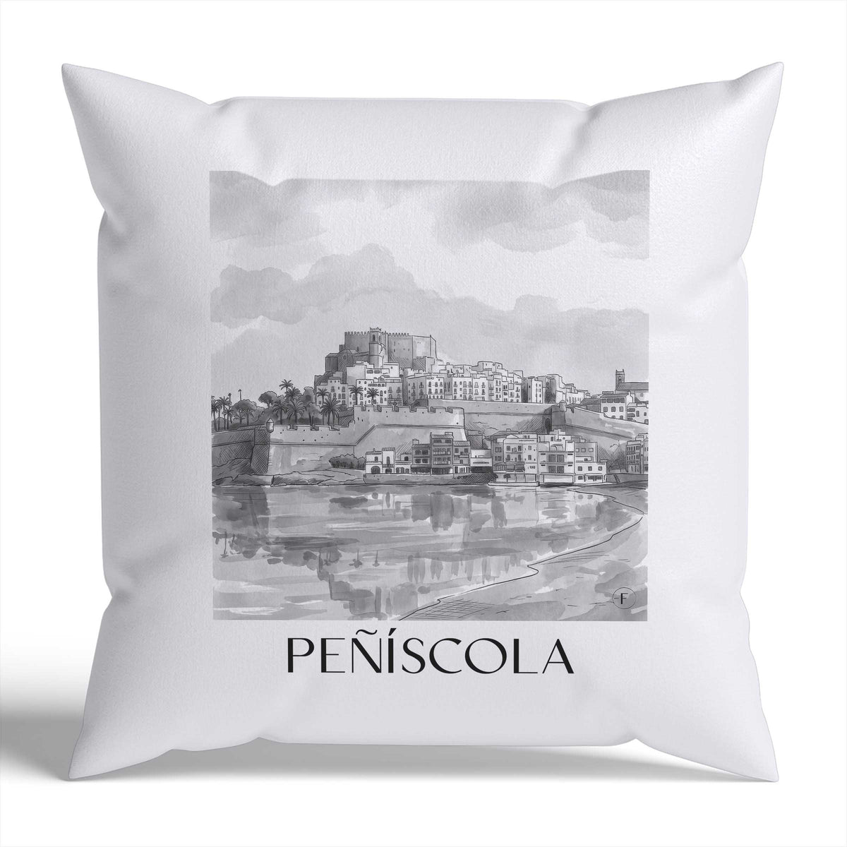 Peñíscola Kissenhülle - Zierkissen Bezug - Spanien - Spanien Kissen bzw. Kissenbezug im Aquarell Schwarz-Weiß Stil - favplace