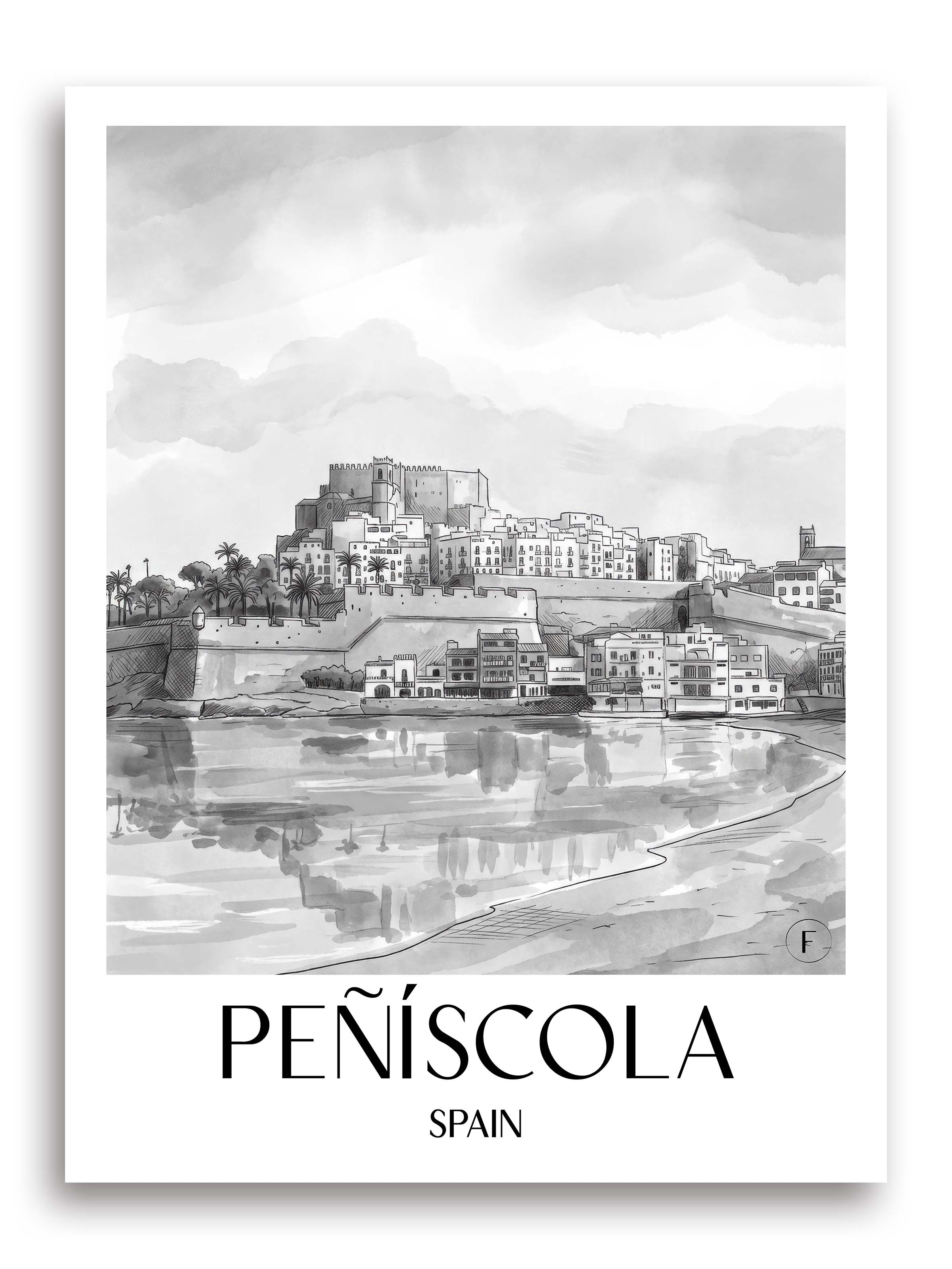 Peñíscola Poster - Spanien - Spanien Kunstdruck - Aquarell Schwarz-Weiß von A4 bis A1 - favplace