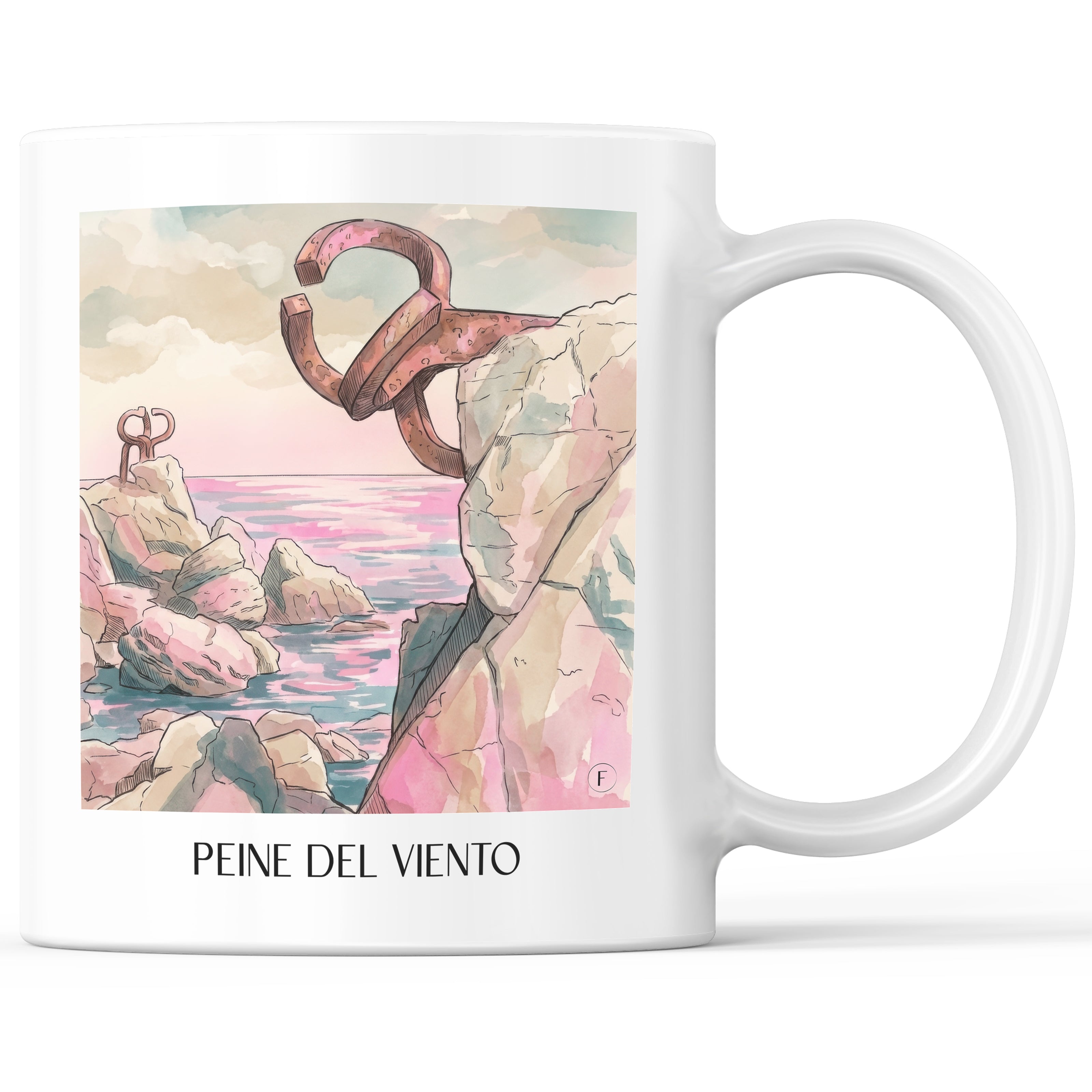 Peine del Viento Kaffeebecher - San Sebastián - Spanien Becher - Kaffeetasse im Aquarell Pink Stil - favplace