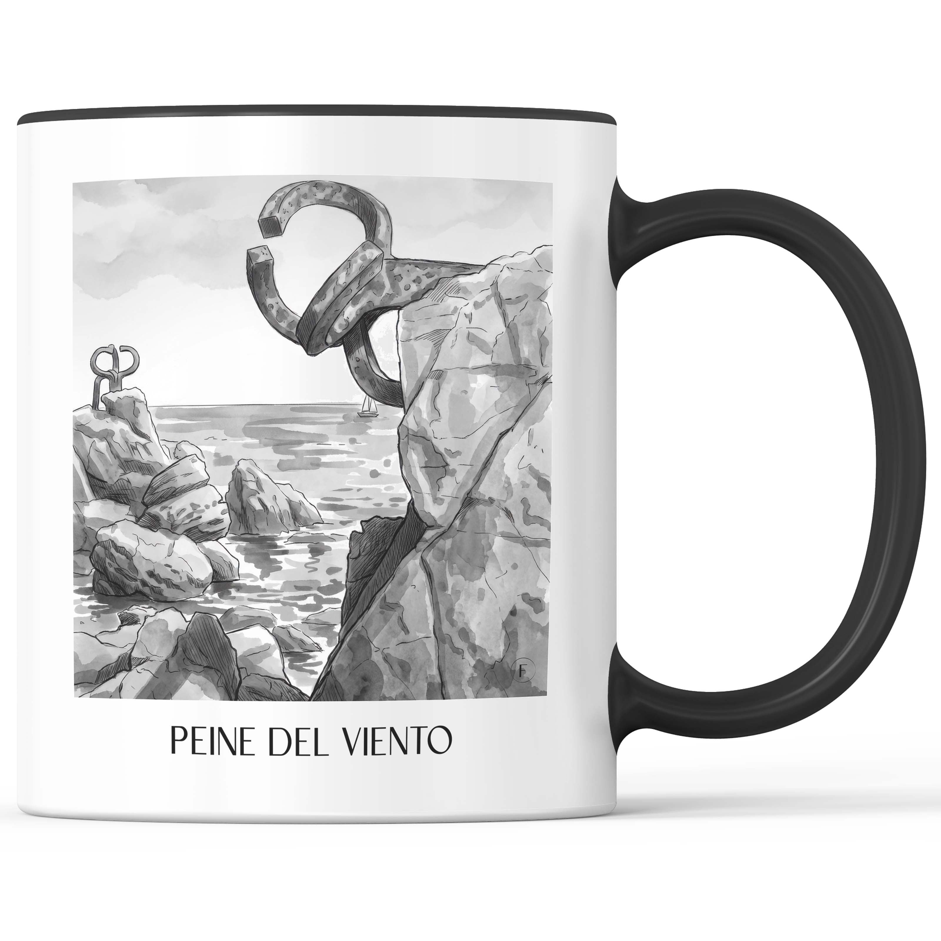 peine-del-viento-san-sebastián-spanien-kaffeebecher-aquarell-schwarz-weiss