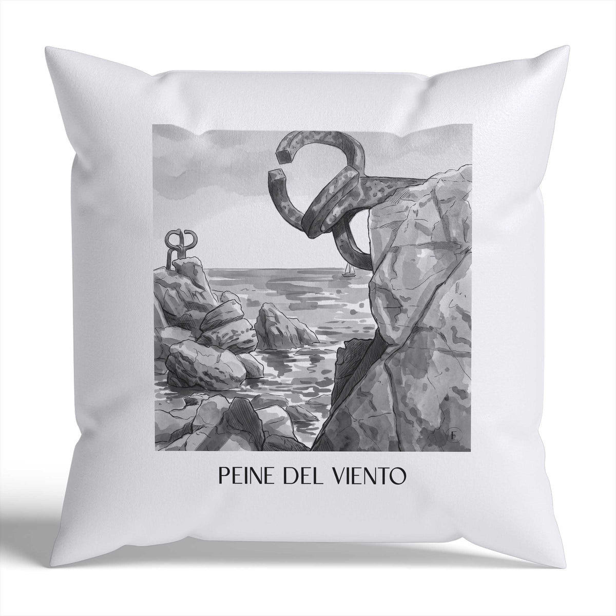 peine-del-viento-san-sebastián-spanien-kissenbezug-aquarell-schwarz-weiss