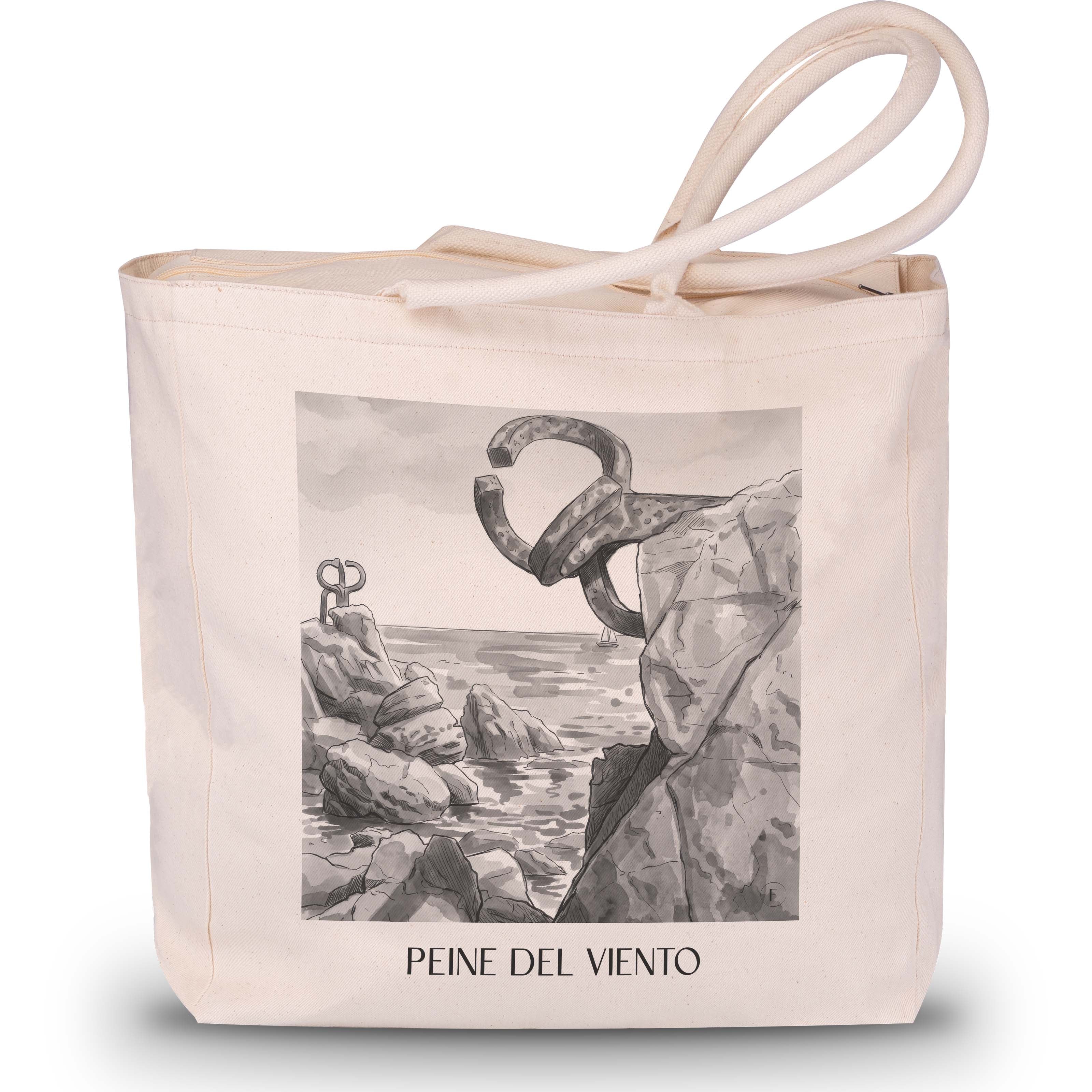 peine-del-viento-san-sebastián-spanien-einkaufstasche-aquarell-schwarz-weiss