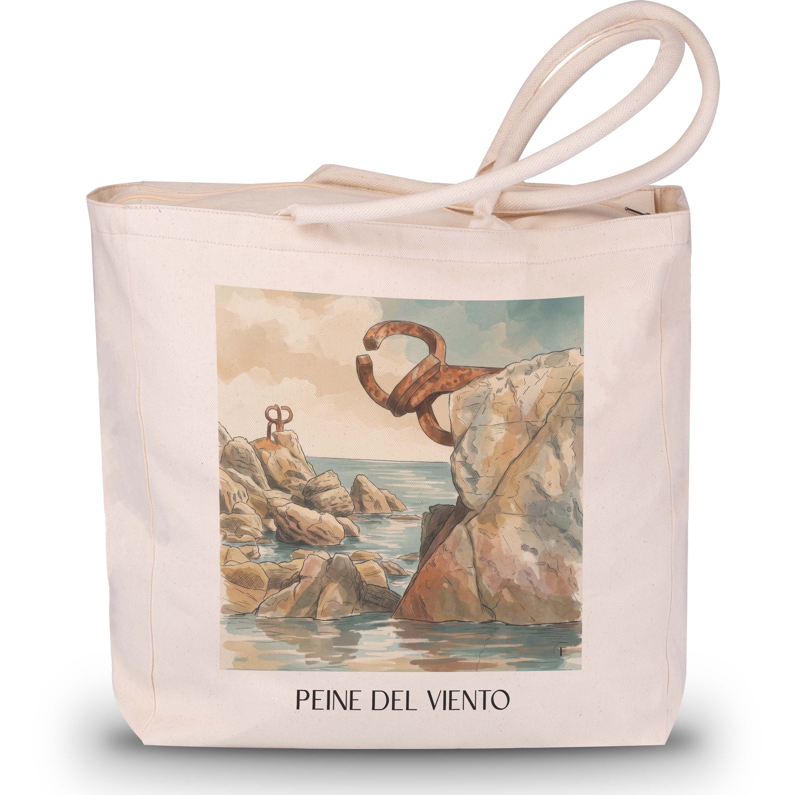 peine-del-viento-san-sebastián-spanien-einkaufstasche-aquarell