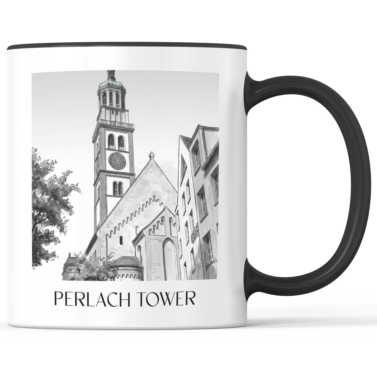 Perlachturm Kaffeebecher - Augsburg - Deutschland Becher - Kaffeetasse im Aquarell Schwarz-Weiß Stil - favplace