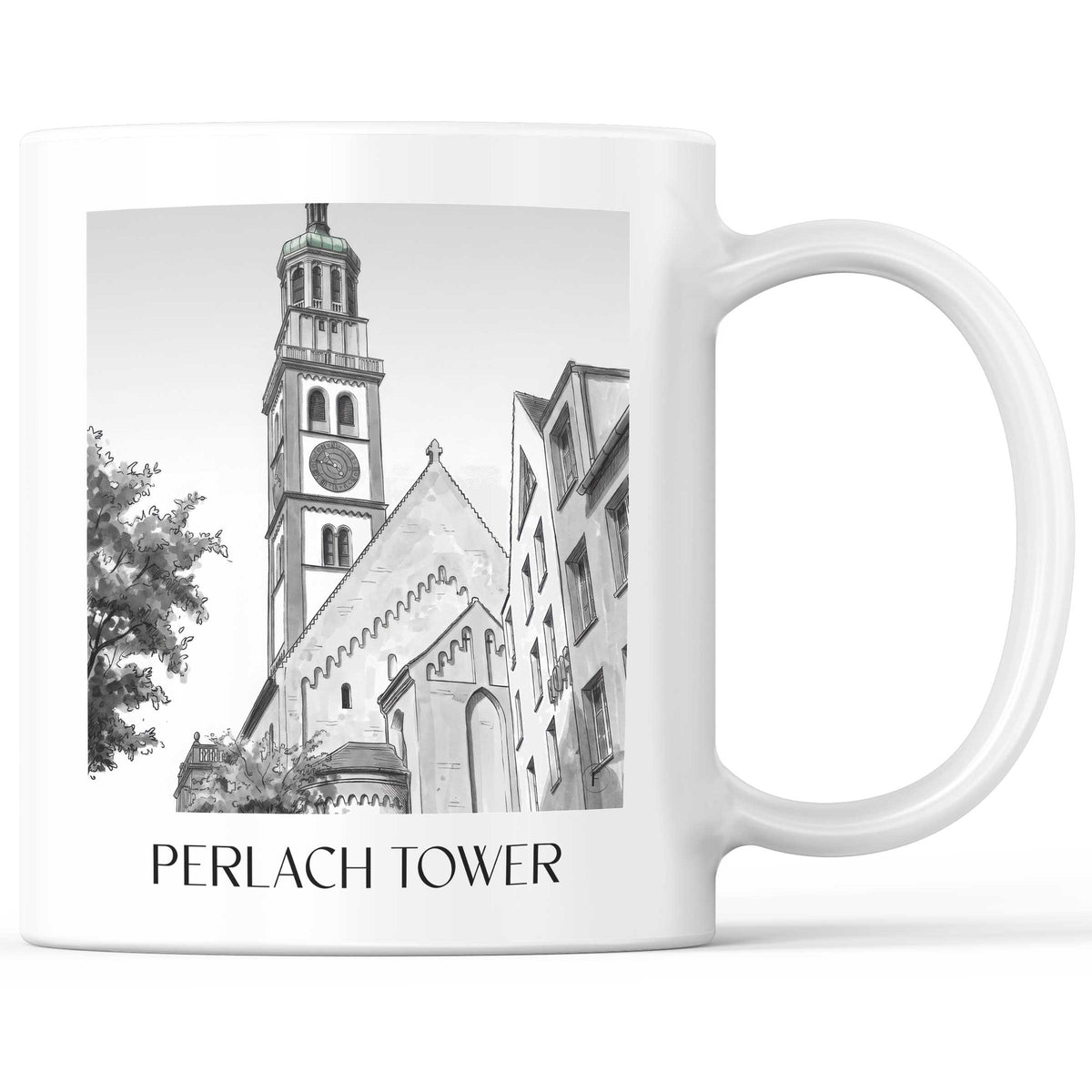 Perlachturm Kaffeebecher - Augsburg - Deutschland Becher - Kaffeetasse im Aquarell Schwarz-Weiß Stil - favplace