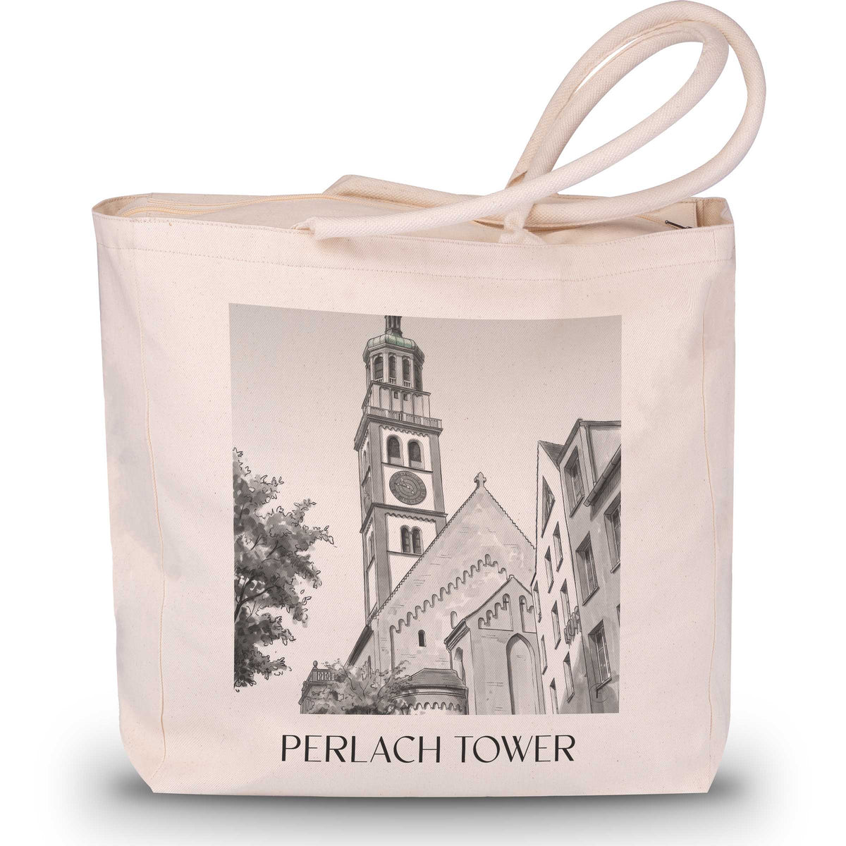 Perlachturm Shopping Tasche - Augsburg - Deutschland Tote Bag - Einkaufstasche im Aquarell Schwarz-Weiß Stil - favplace