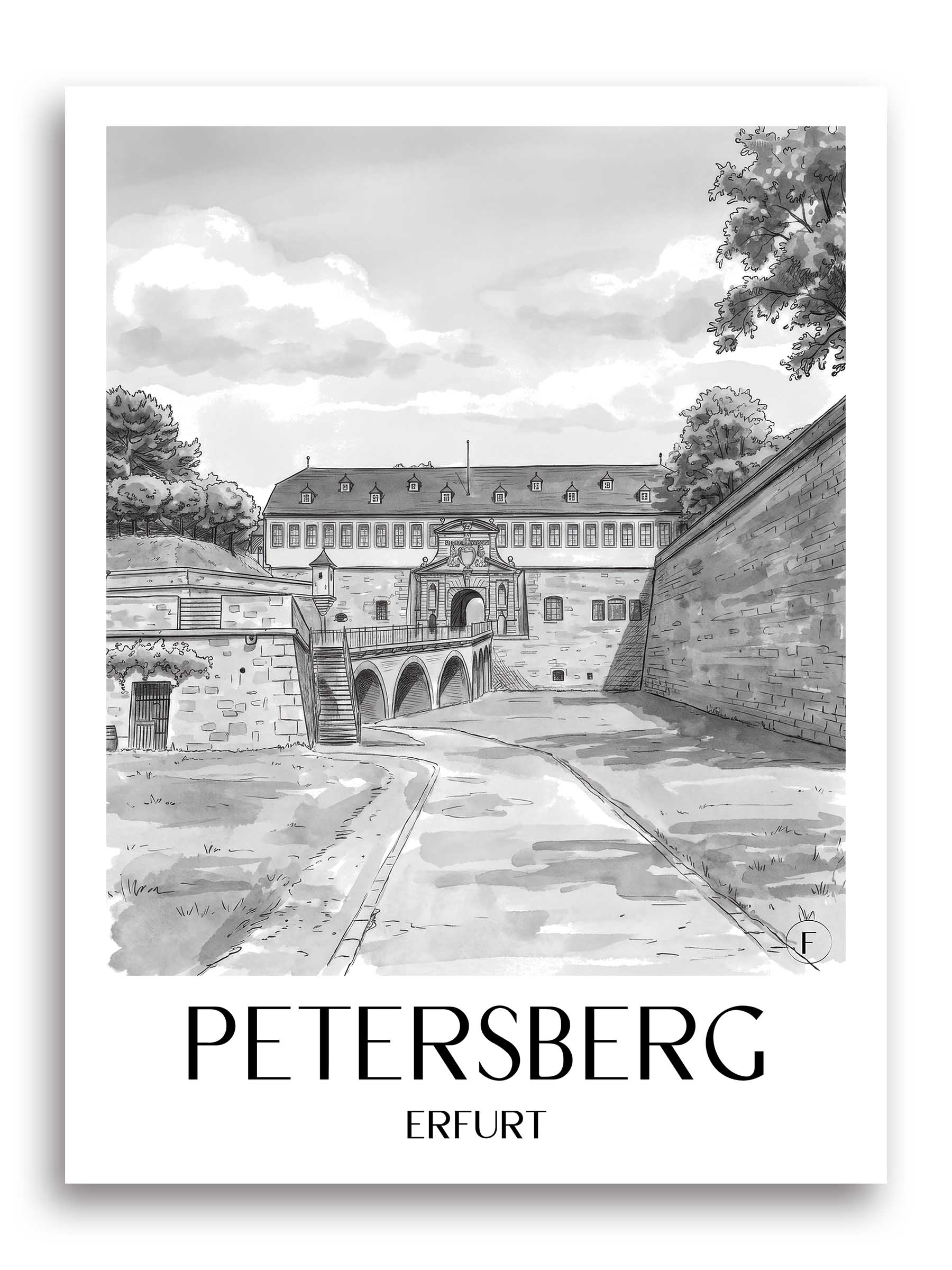 Petersberg Poster - Erfurt - Deutschland Kunstdruck - Aquarell Schwarz-Weiß von A4 bis A1 - favplace