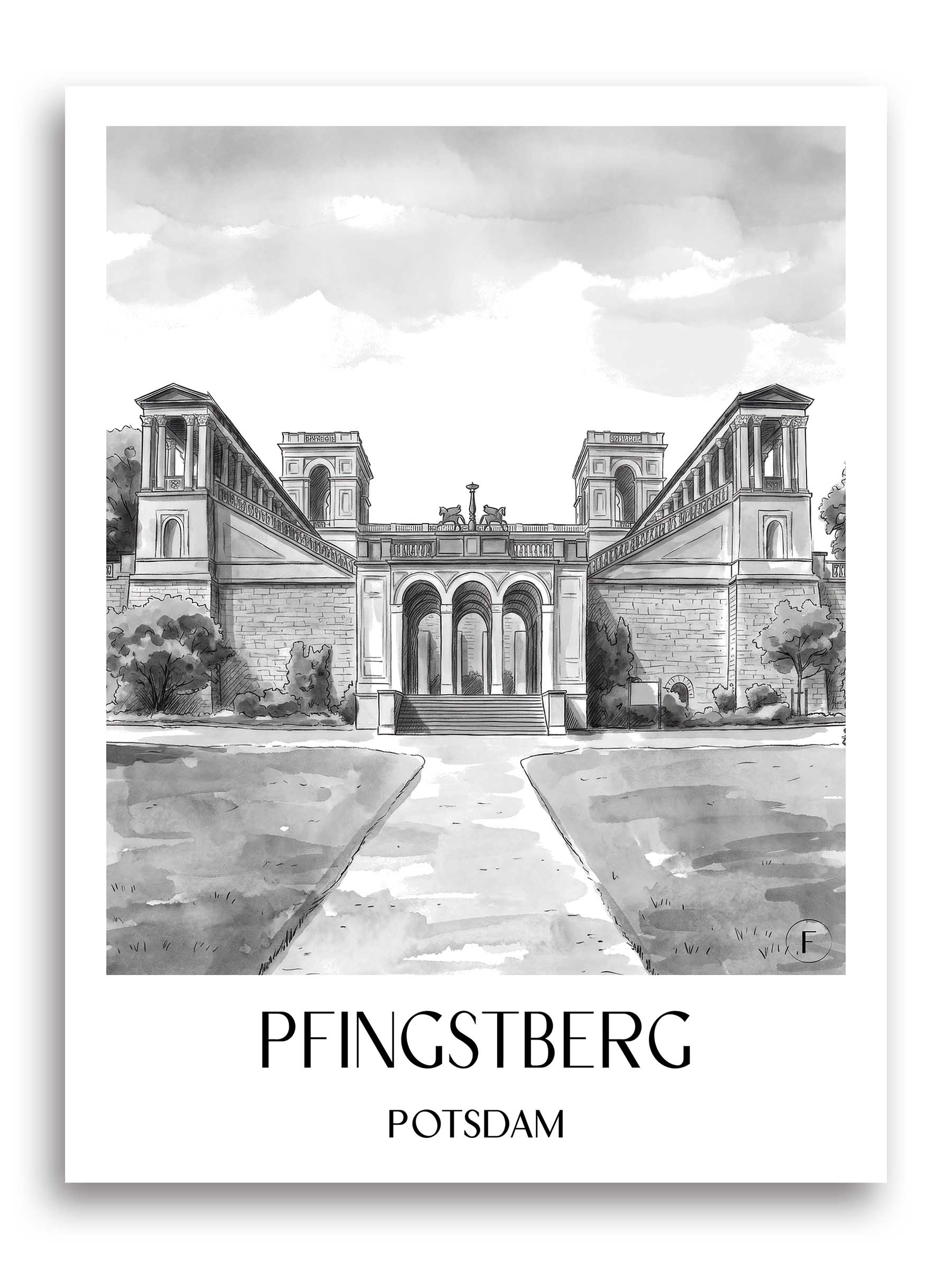 Pfingstberg Poster - Potsdam - Deutschland Kunstdruck - Aquarell Schwarz-Weiß von A4 bis A1 - favplace