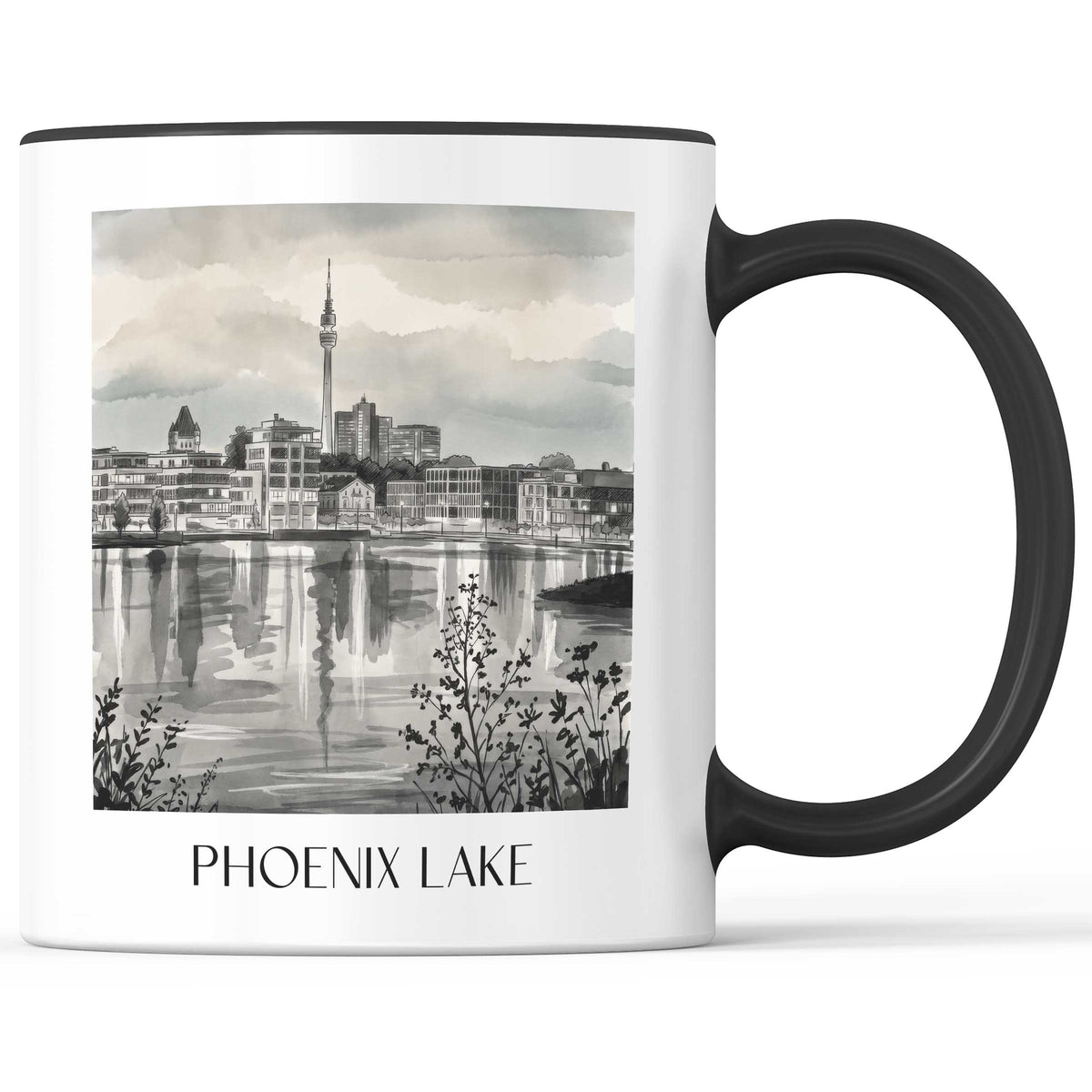Phoenix See Kaffeebecher - Dortmund - Deutschland Becher - Kaffeetasse im Aquarell Schwarz-Weiß Stil - favplace