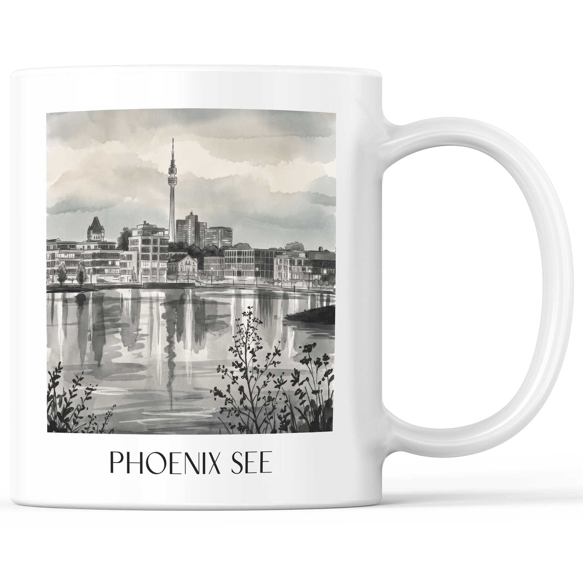 Phoenix See Kaffeebecher - Dortmund - Deutschland Becher - Kaffeetasse im Aquarell Schwarz-Weiß Stil - favplace
