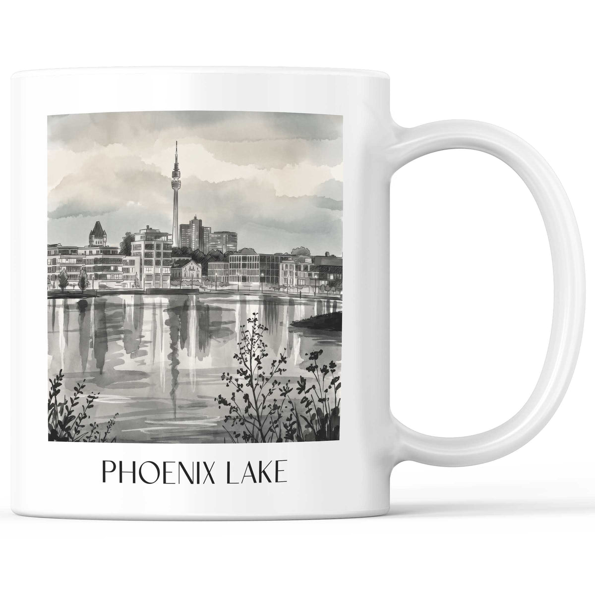 Phoenix See Kaffeebecher - Dortmund - Deutschland Becher - Kaffeetasse im Aquarell Schwarz-Weiß Stil - favplace